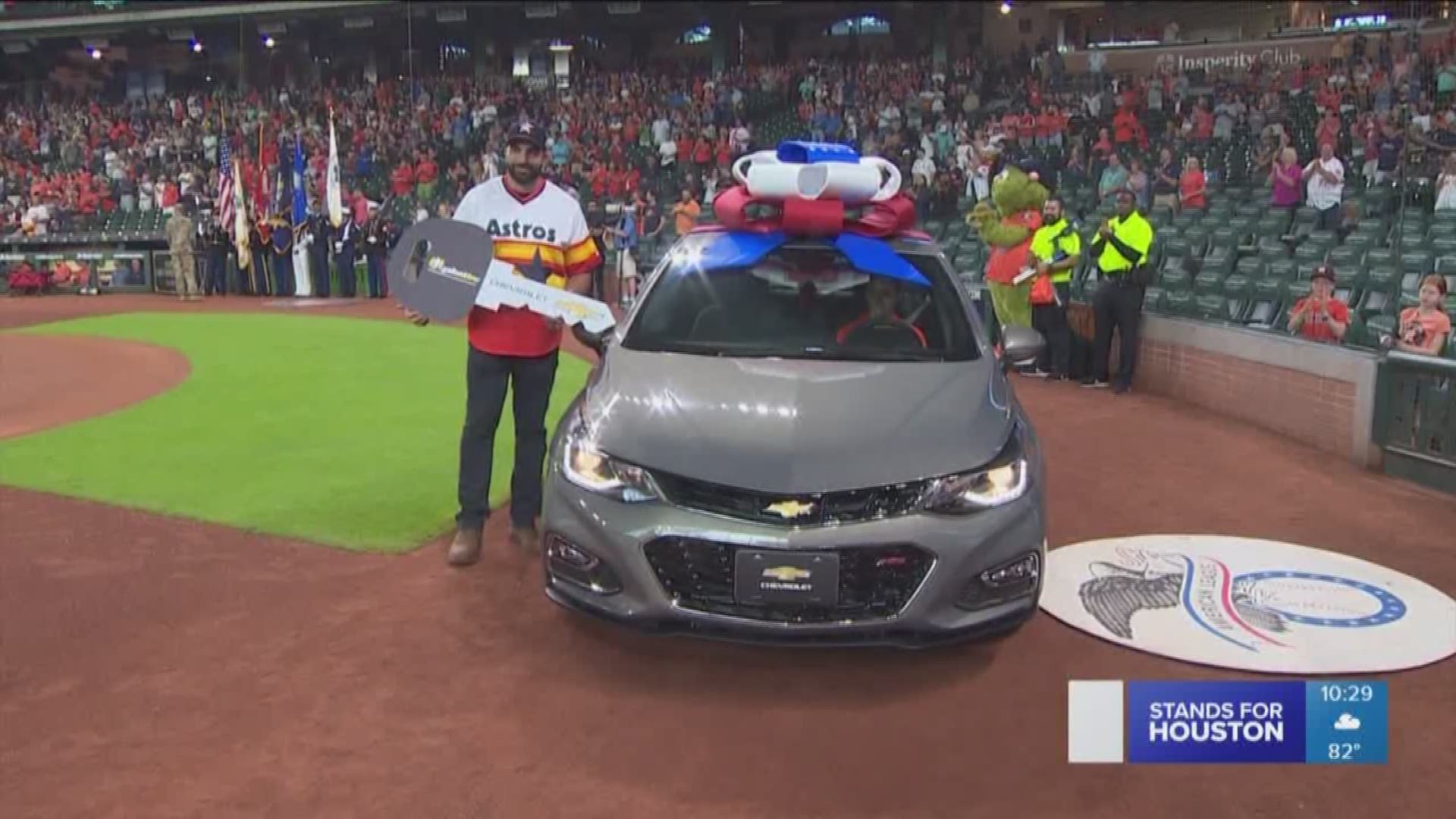 A Marine veteran was surprised with a new car Friday night before the Astros-Rangers game at Minute Maid Park.