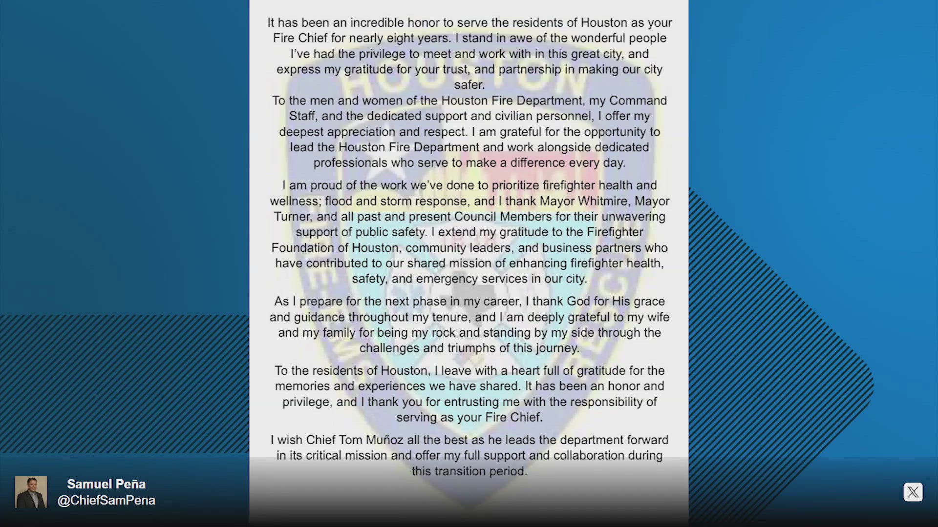 Mayor John Whitmire replaced Peña with former OEM Deputy Director Thomas Muñoz and said he expects him to improve HFD recruitment, equipment and facilities.