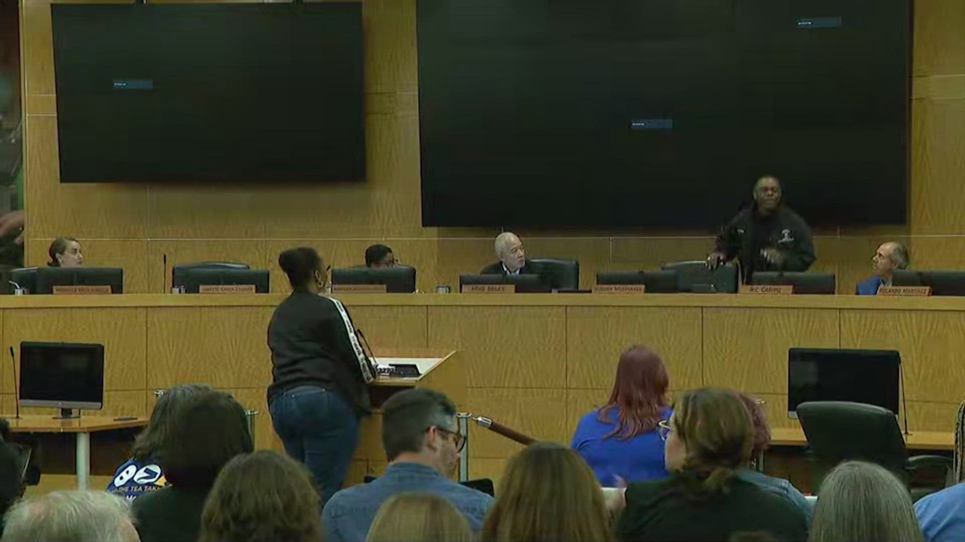 An HISD board meeting was cut short when the power cut out. The district also announced campuses would be closed Friday due to the widespread damage.
