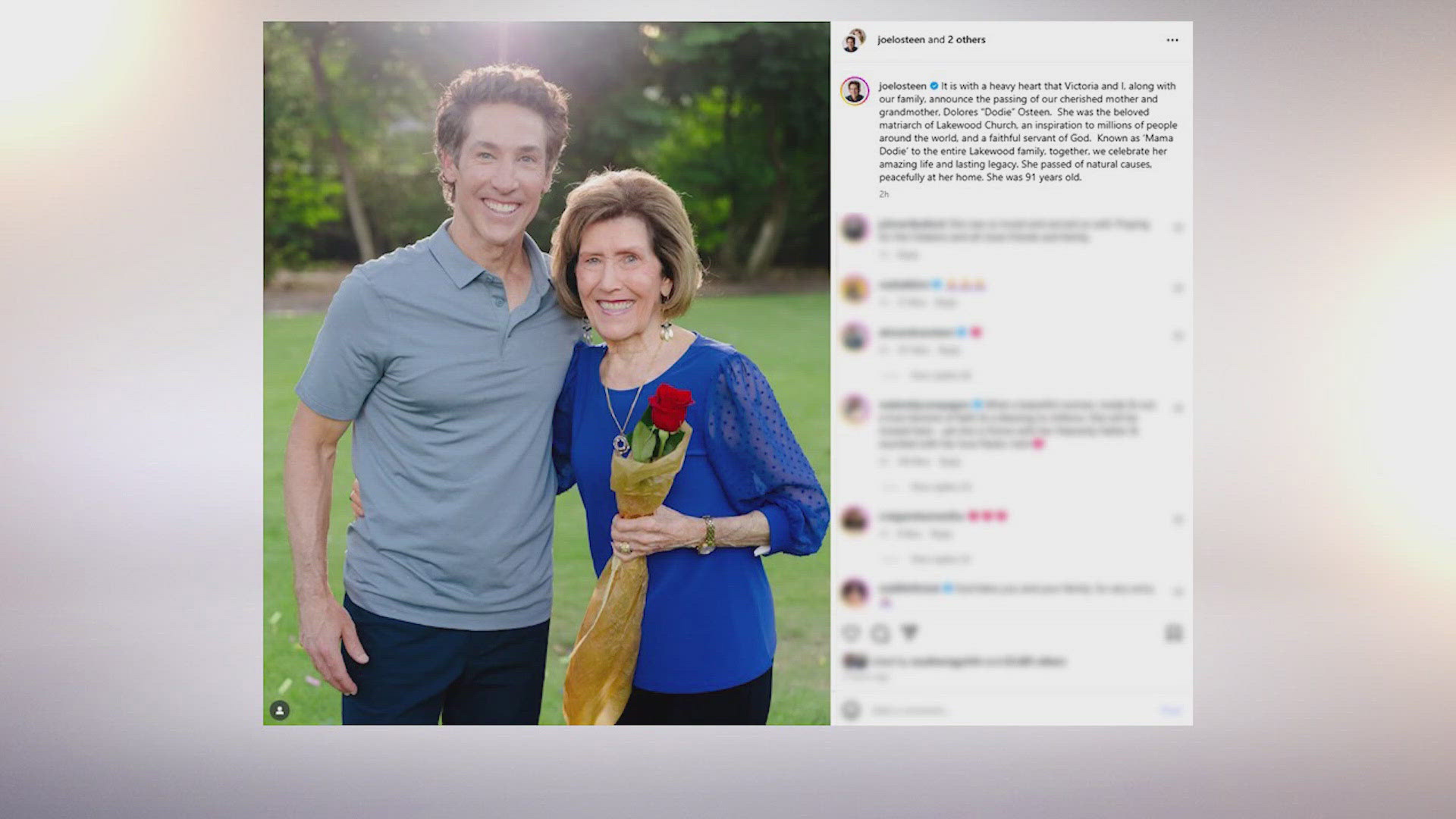 Joel Osteen posted about her passing on social media Wednesday. He called her the matriarch of the church.