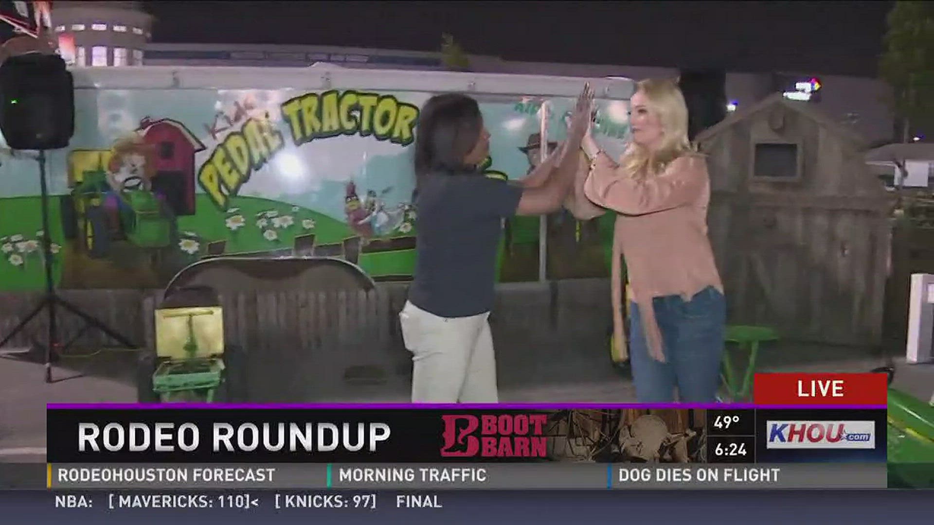 Time for a little friendly competition on the grounds of the Rodeo at NRG Park this morning. Sherry Williams was in an area called the Back Yard Porch. She challenged Chita to a tractor race.
