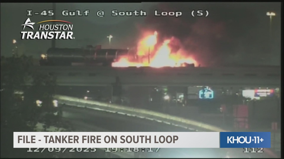 Tanker truck catches fire on 610 South Loop to Gulf Freeway | khou.com