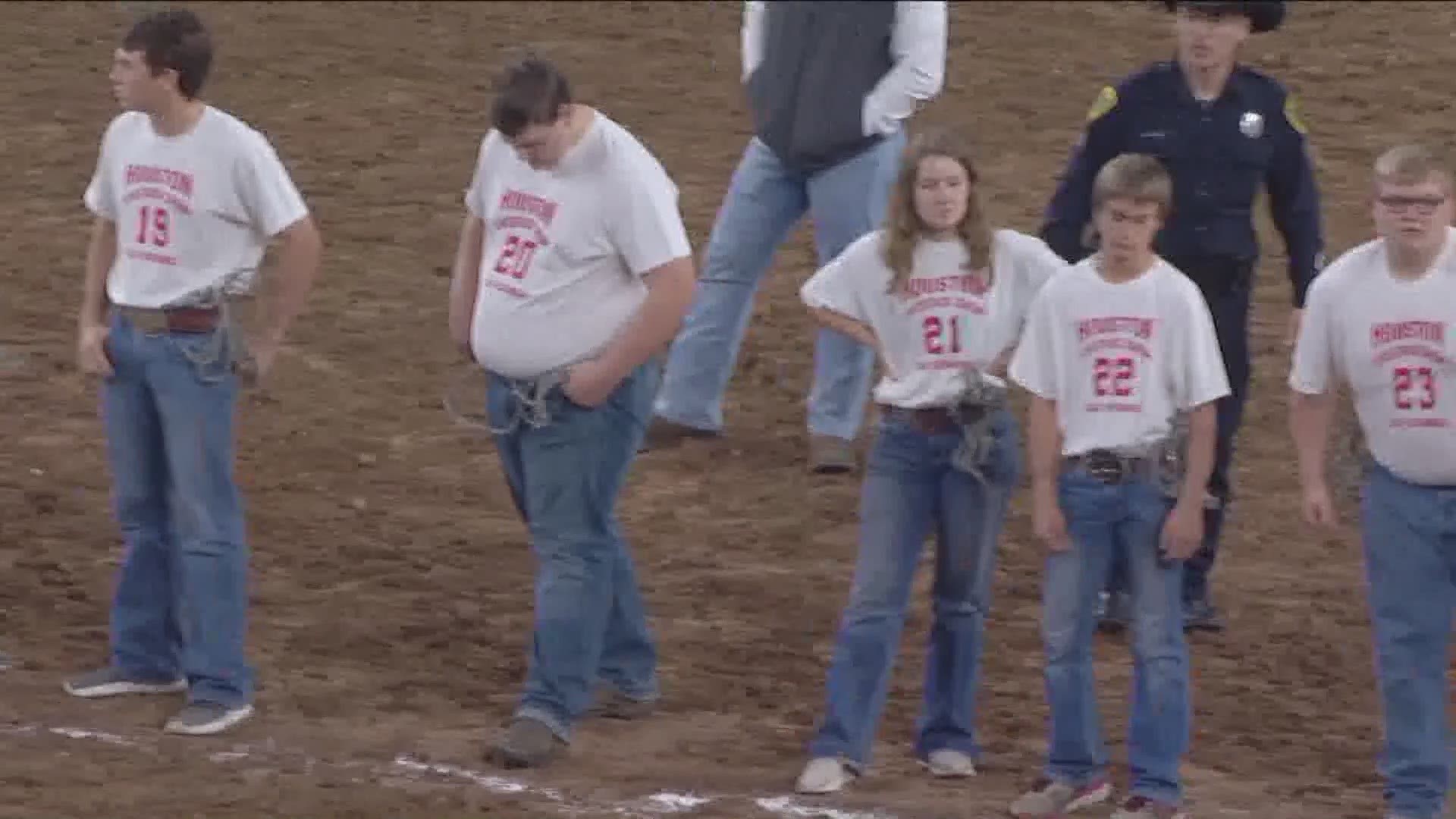 Between the rodeo competition and concert each night is a crowd favorite: The calf scramble. Fifteen kids chase 30 calves around the stadium floor until all of them are caught.