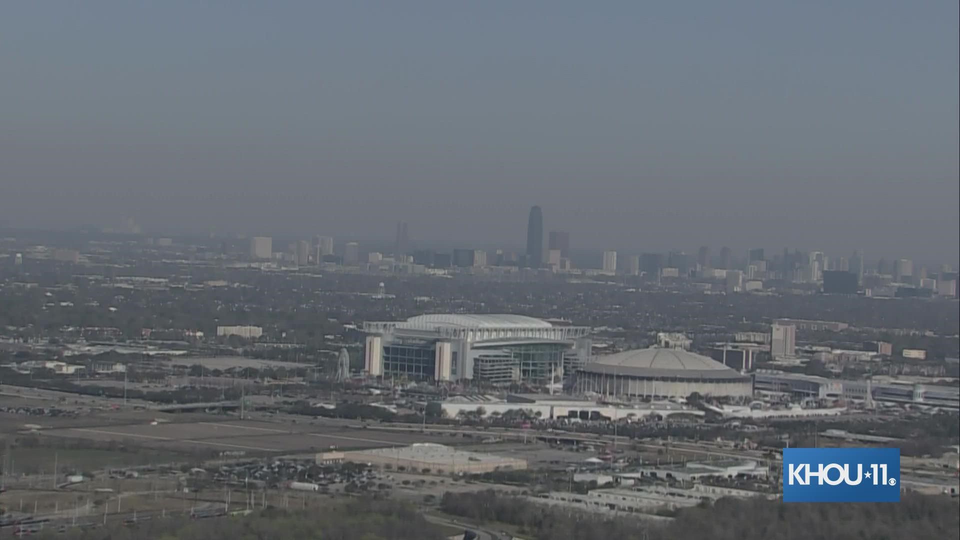 Air 11 flew over the area Friday morning as smoke from Texas wildfires hundreds of miles away drifted into Houston.