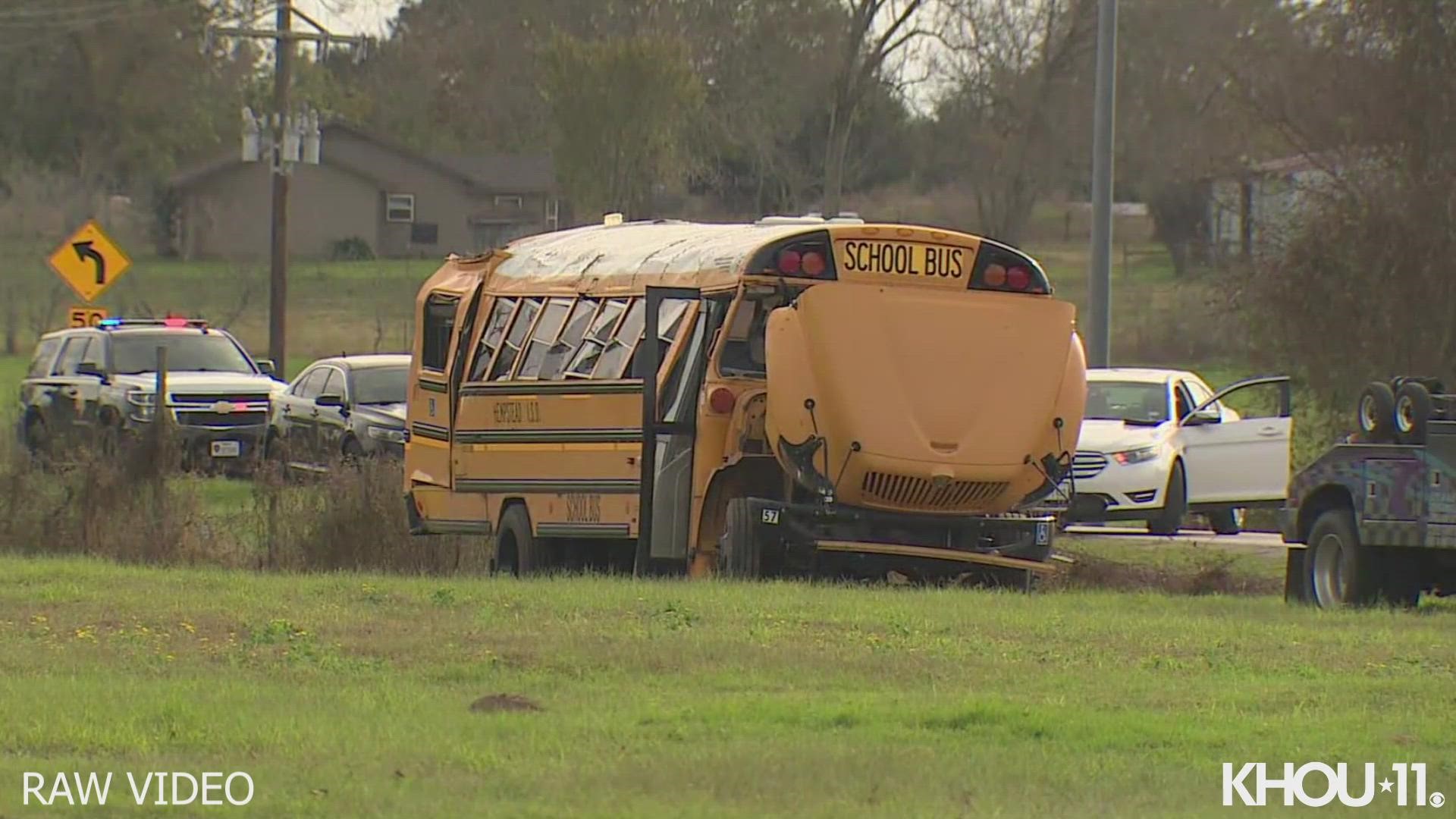 This is raw video from a school bus crash in Waller County. According to DPS, one adult was killed in the accident.