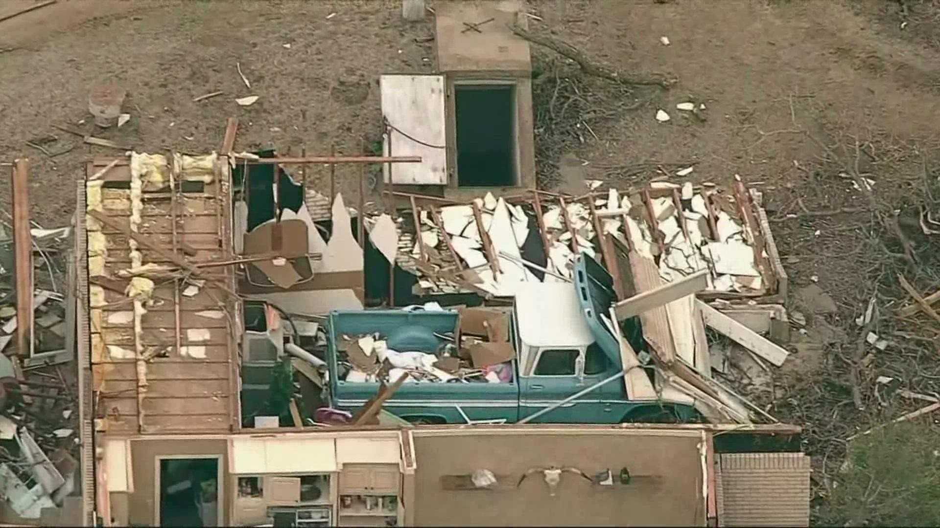 North Texas communities were devastated by an apparent tornado. Aerials showed a house with the roof ripped off and a pickup truck in the middle of the debris.