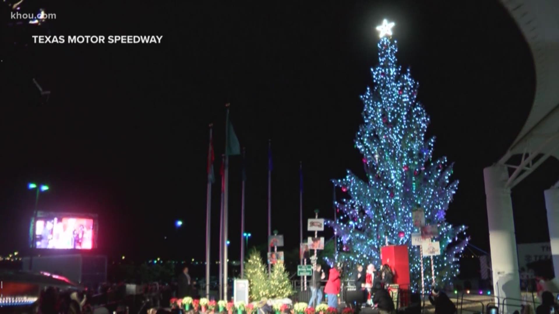 The 10,000-plus LED lights on the 74-foot, 7,000-lb. Norway spruce were lit during the Speedway Children's Charities grant event.