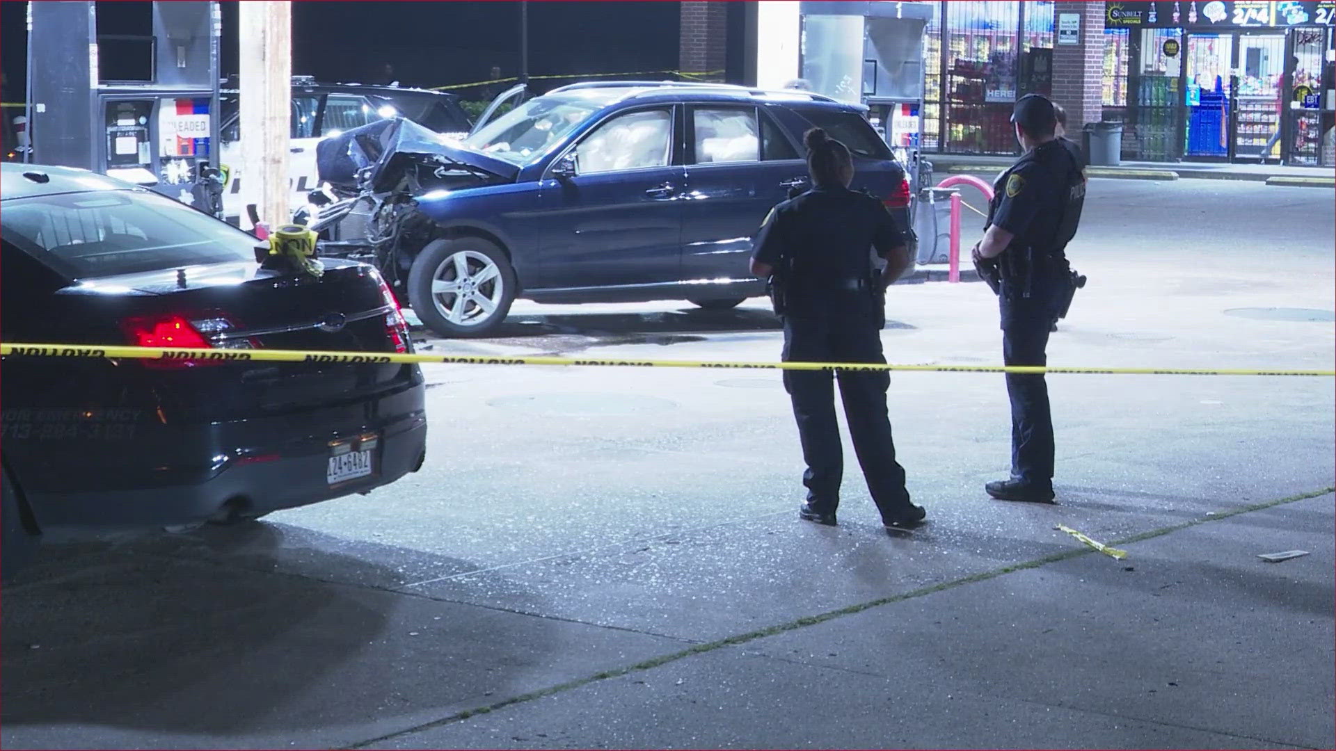 A man was found dead with a gunshot wound after he crashed into a gas pump near Creek Bend Drive in southwest Houston Friday morning, May 10, 2024.