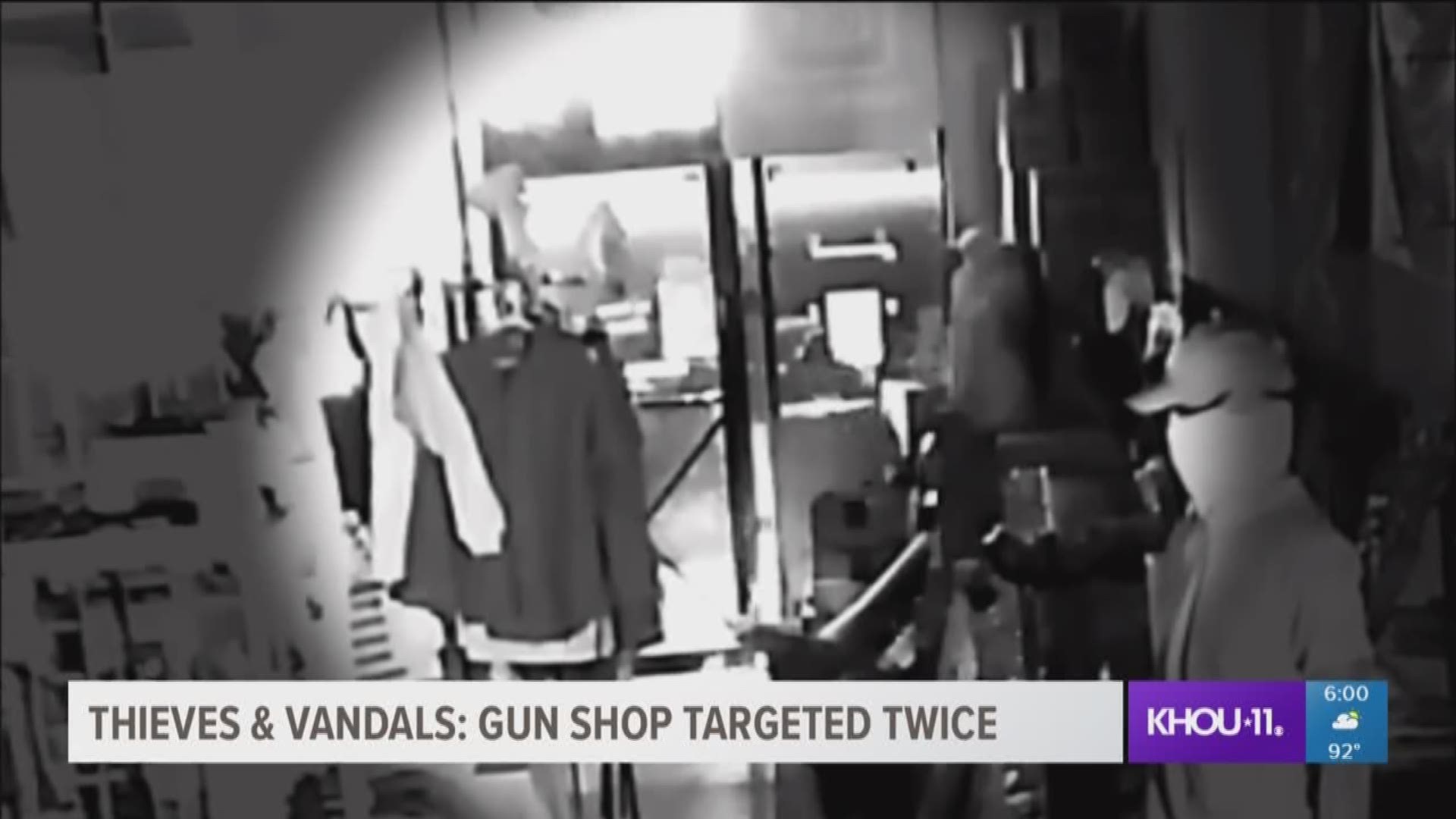 An Humble gun shop was caught in a criminal's cross-hairs twice recently. Thieves made off with some high-powered weapons. The most recent attack was caught on camera.