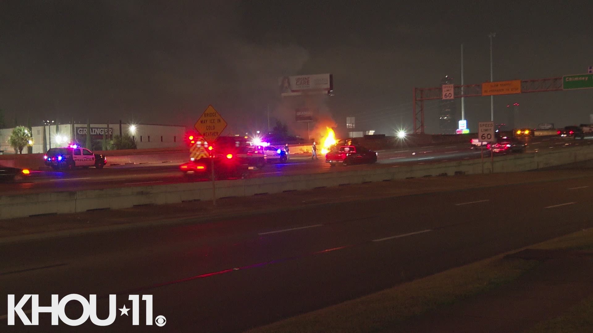 At least one person was injured in a fiery crash on the Southwest Freeway near Chimney Rock. Police said at least three cars were involved in the crash.
