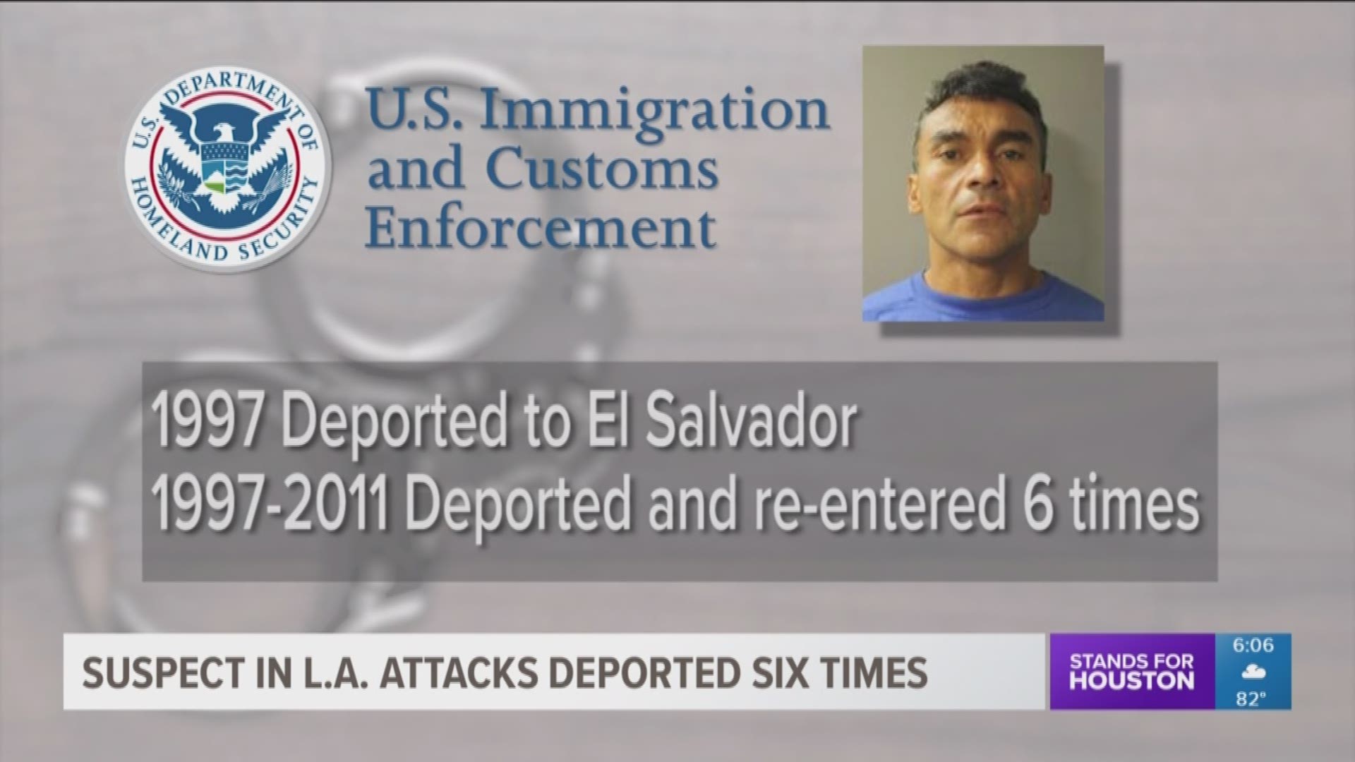 A Houston man suspected of killing three people and seriously injuring four in a 17-day string of attacks in Southern California  had been deported from the United States six times and has a long criminal history, immigration officials said Tuesday night.