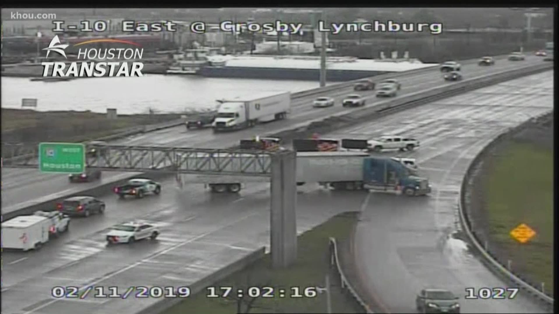 All lanes of the East Freeway near the San Jacinto River has been shut down due to a barge hitting the bridge, according to Baytown police.