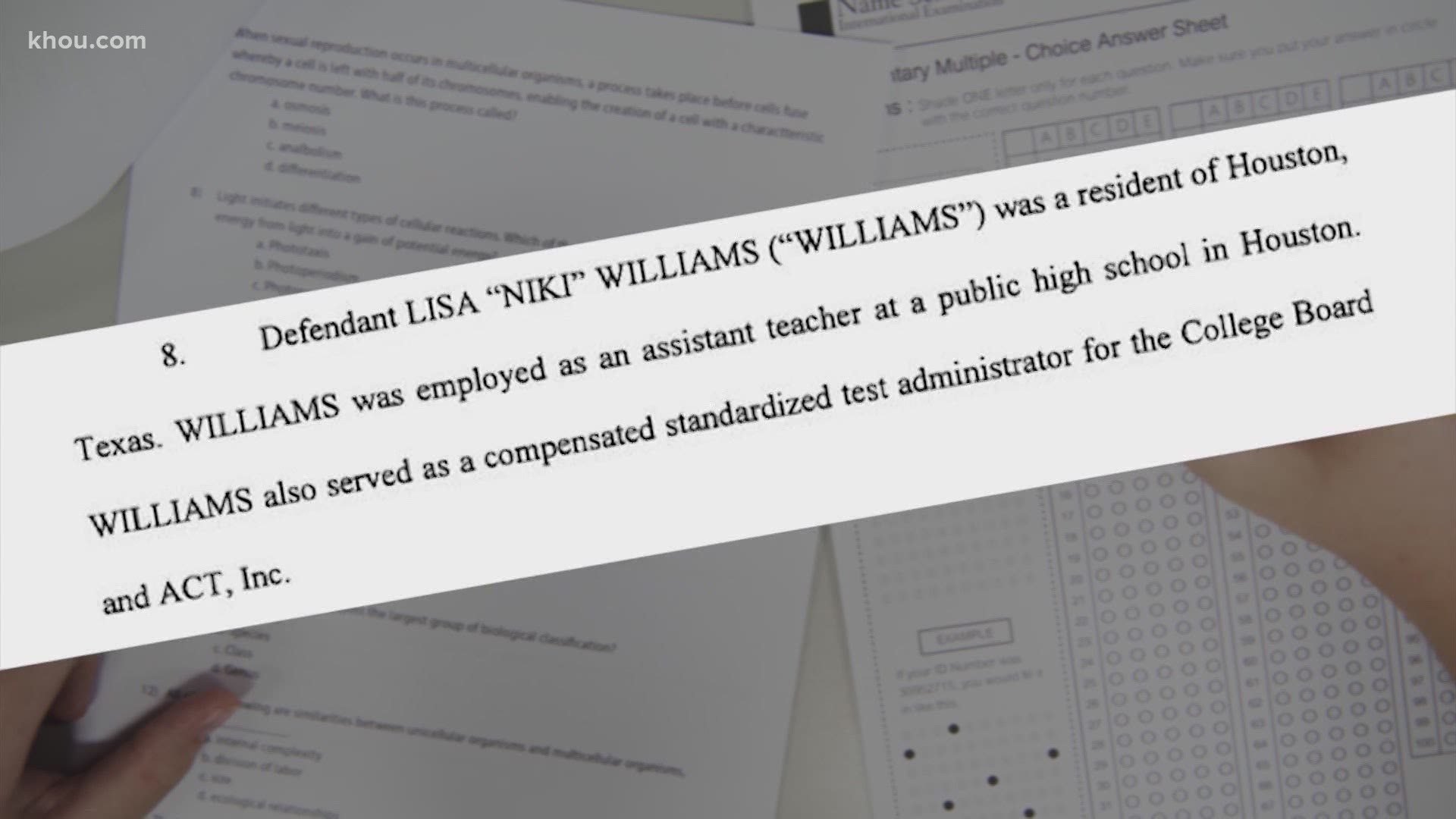 Prosecutors say Niki Williams, 46, took money in exchange for allowing someone other than the student to take the entrance exams.