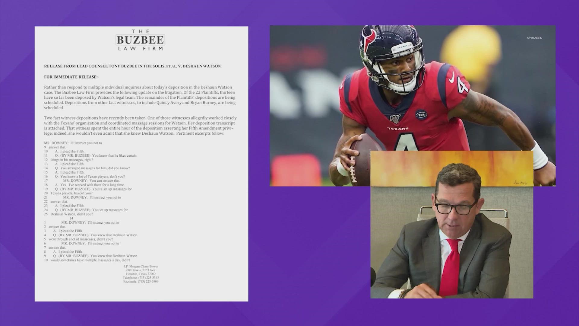 Tony Buzbee revealed details of a deposition in a news release which includes excerpts of testimony from a woman who allegedly worked closely with the Texans.