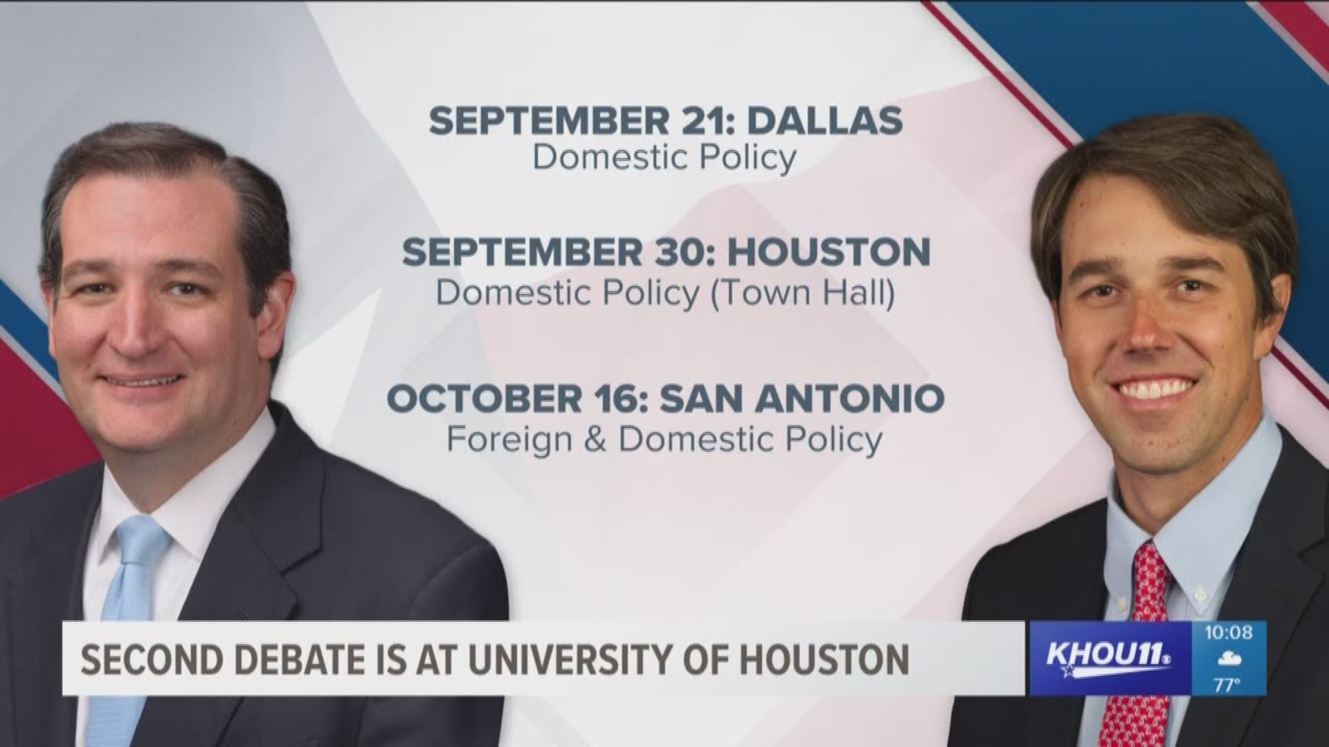 Sen. Ted Cruz and Congressman Beto O'Rourke are set for three debates ahead of the U.S. Senate election.