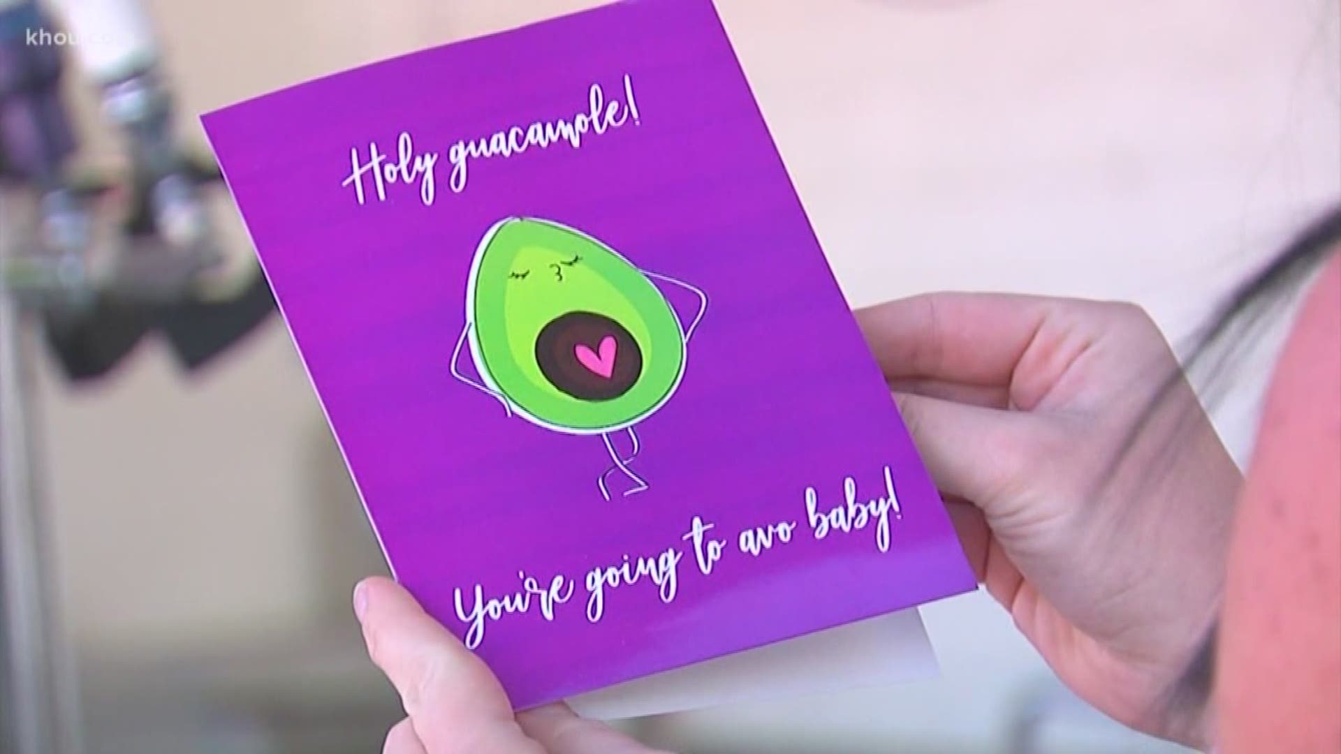 Renee Johnson is a new mom who recently found this in her mailbox: a card featuring an avocado saying "holy guacamole, you're going to 'avo' baby."