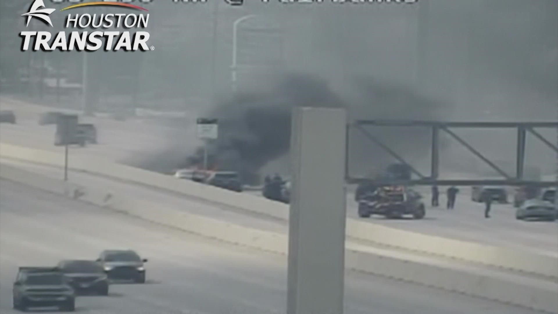 Multiple westbound lanes of Highway 290 were closed Thursday after a chase suspect's vehicle caught fire. One person was detained.