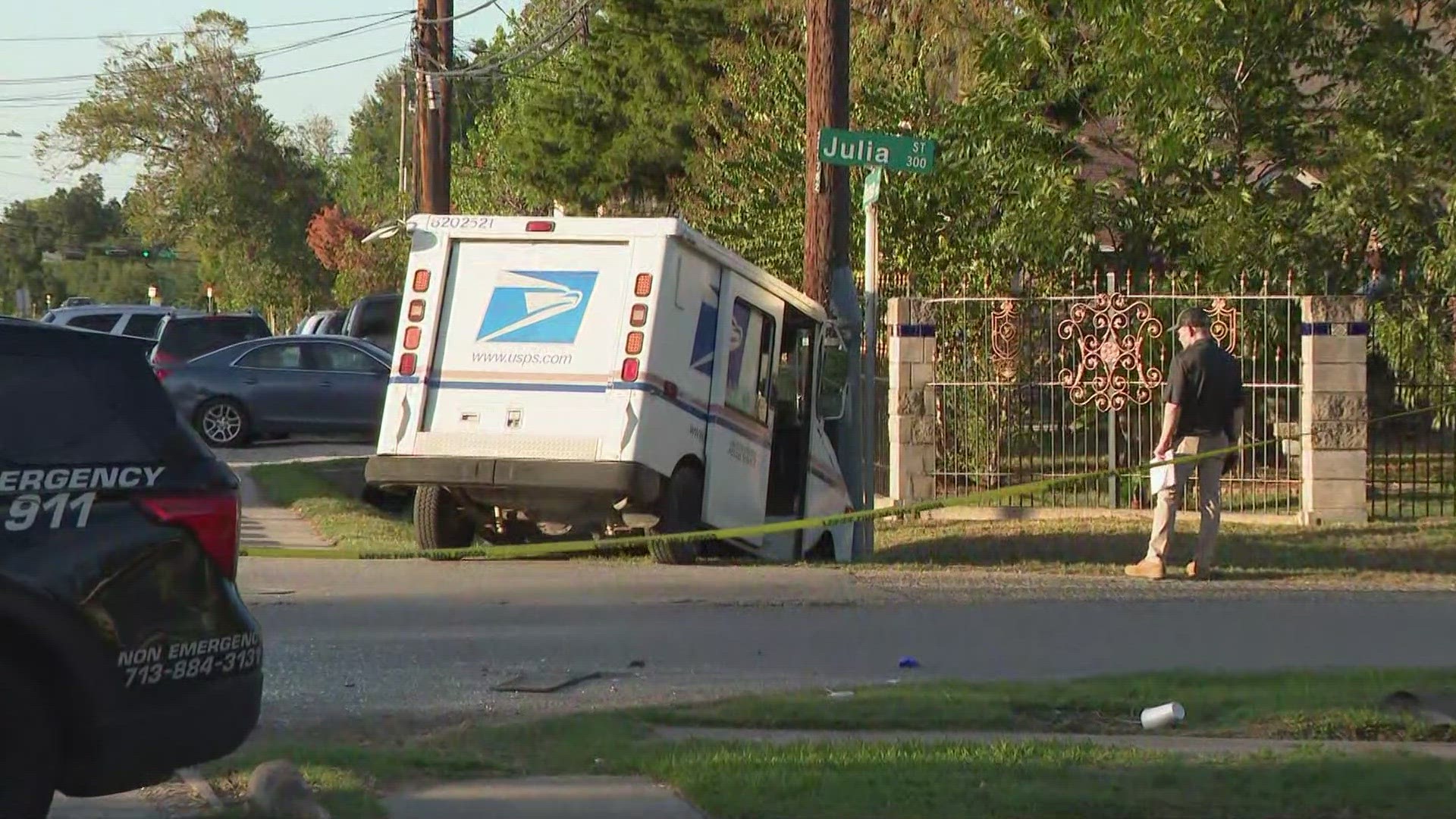 Houston police said the crash involved a stolen vehicle. The identity of the postal worker has not been released.