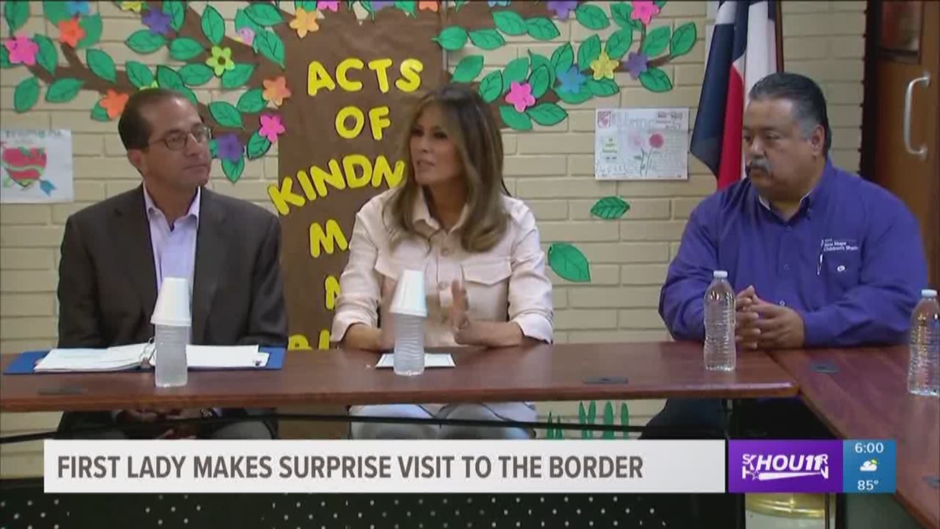 First Lady Melania Trump visited a detention center at the border Thursday despite heavy rain and flooding in McAllen.