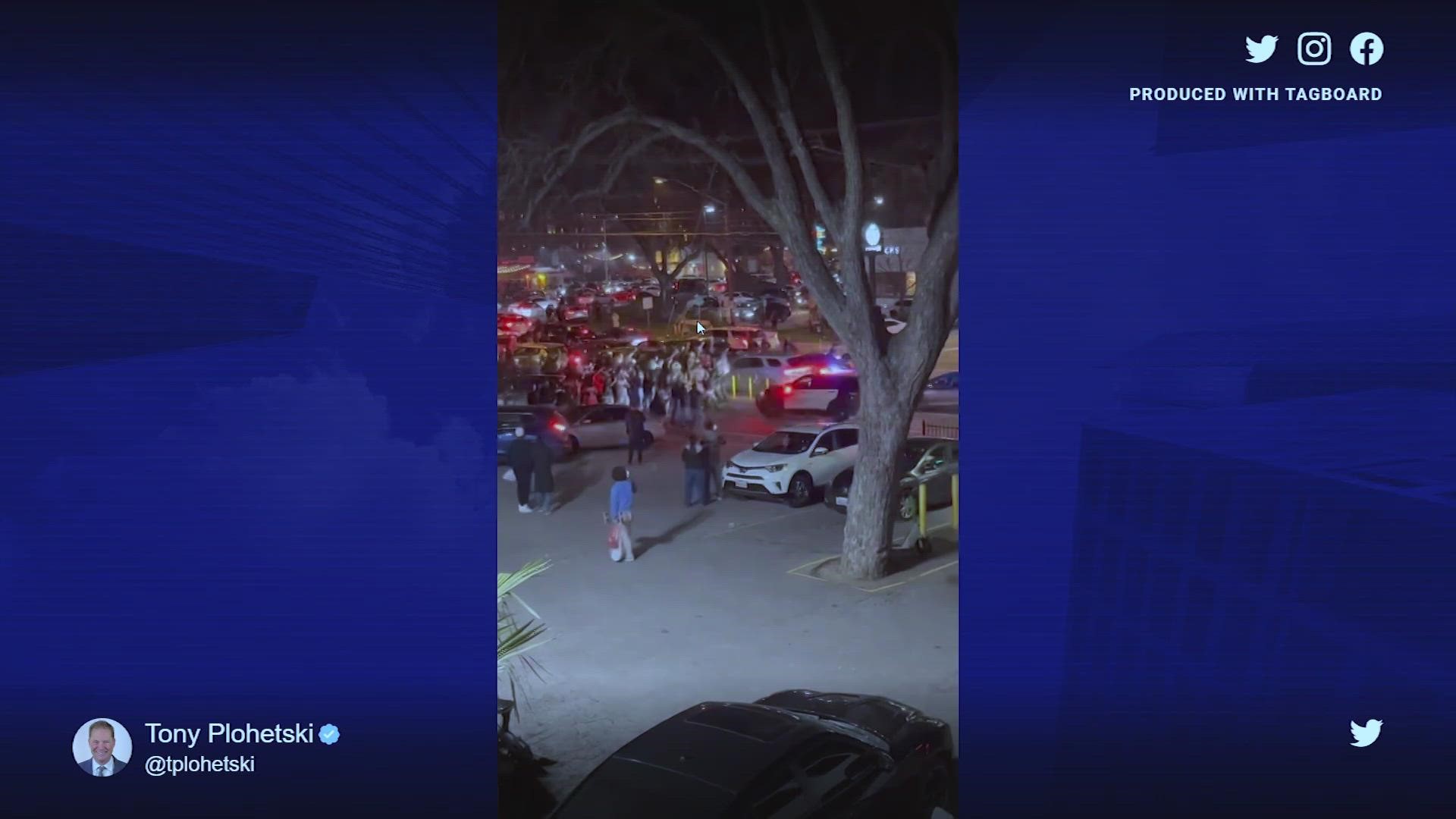 Witness video from the intersection of South Lamar Boulevard and Barton Springs Road showed crowds pushing back a police car and setting off fireworks.