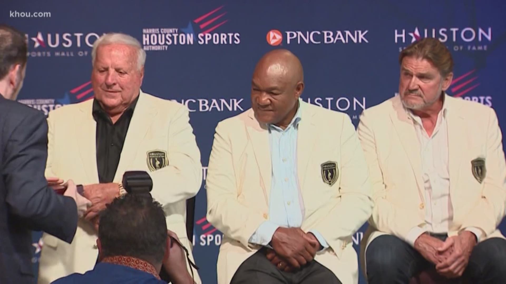 Masters Champion Jacki Burke, 4-time Indianapolis 500 winner AJ Foyt, former heavyweight champion George Foreman and former Oilers quarterback Dan Pastorini all received their Houston Sports Hall of Fame rings.