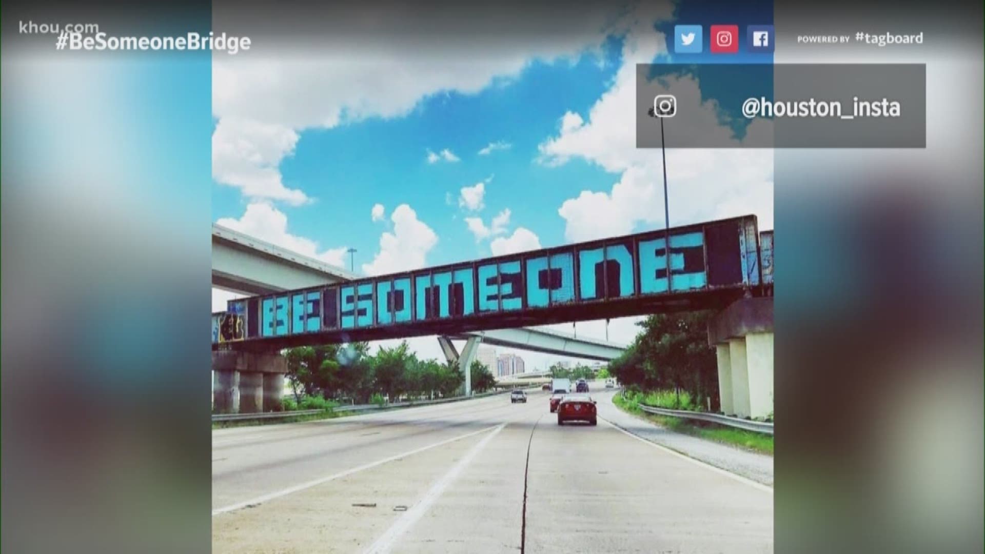 The famous "Be Someone" train bridge over I-45 near downtown has apparently been vandalized once again. This time the teal lettering isn't just altered - it's completely wiped out with black paint.