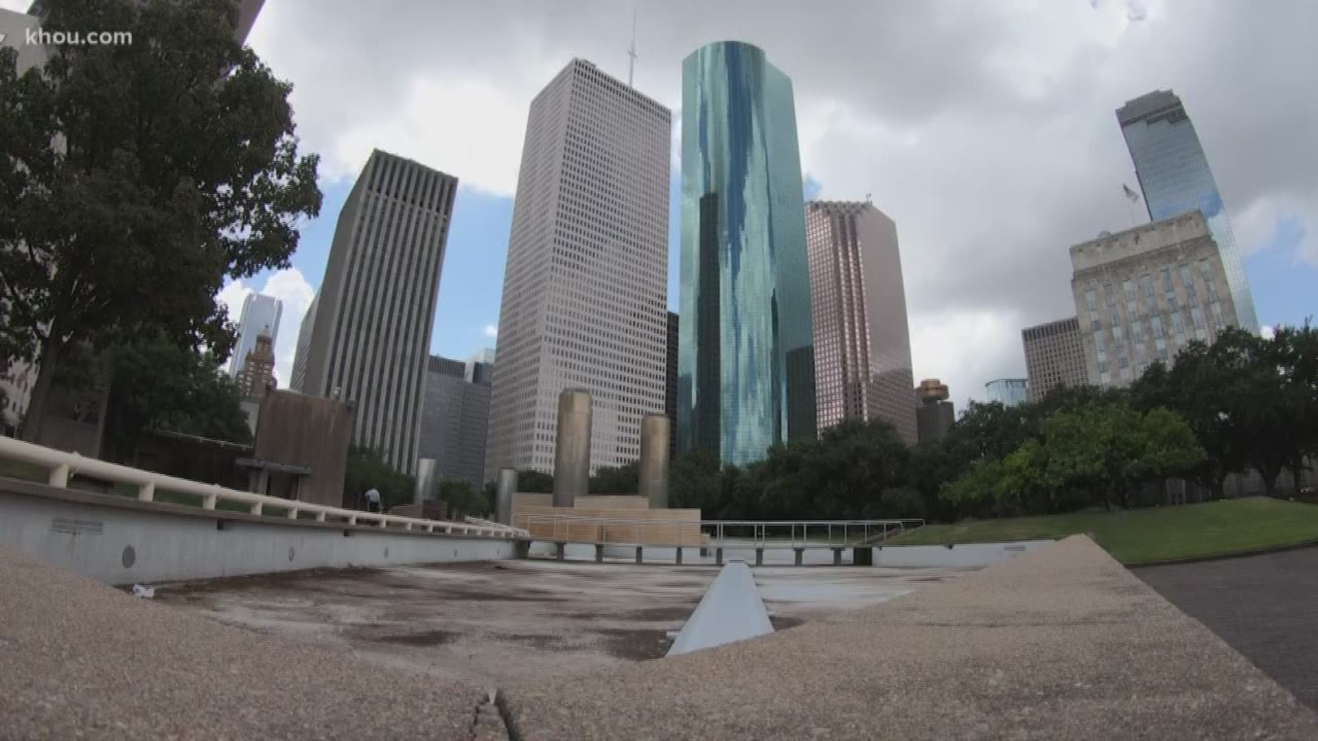 Like the Moon’s “Sea of Tranquility” for which it’s named, downtown Houston’s Tranquility Park sits mostly silent. Water no longer flows from fountains that mimic Apollo 11 rocket boosters, and vast pools around their base collect trash and dead leaves.