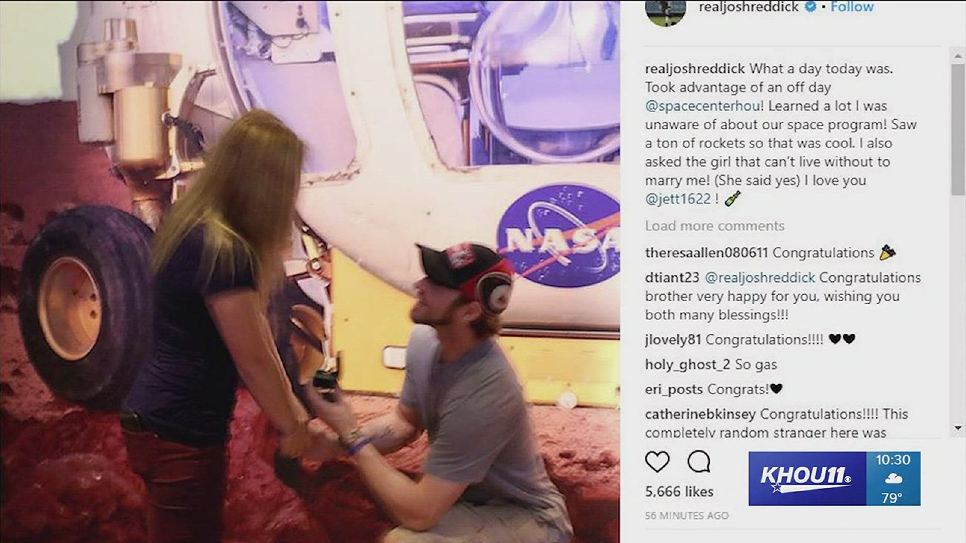 Astros outfielder Josh Reddick gets engaged at Space Center Houston