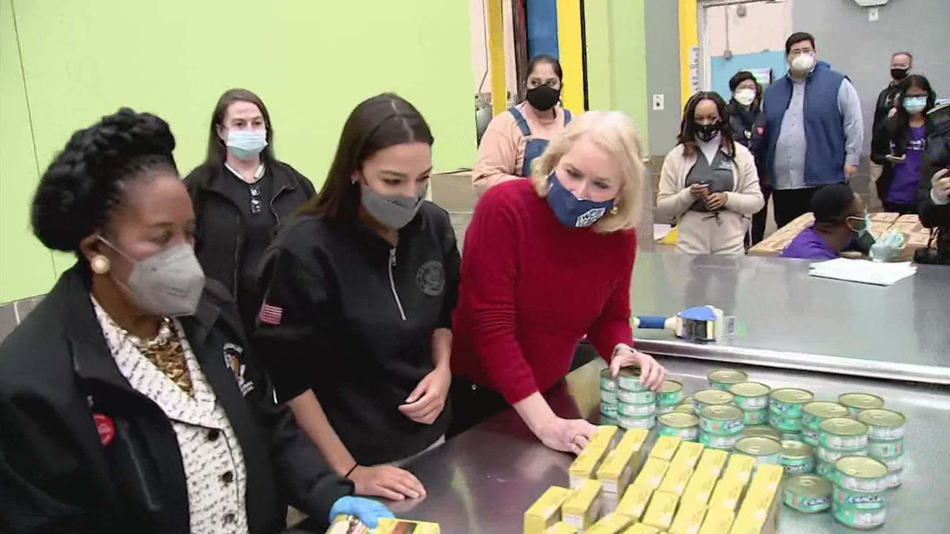 Rep. Alexandria Ocasio-Cortez visited the Houston Food Bank Saturday with Reps. Sylvia Garcia and Sheila Jackson-Lee in the aftermath of the deadly winter storm.