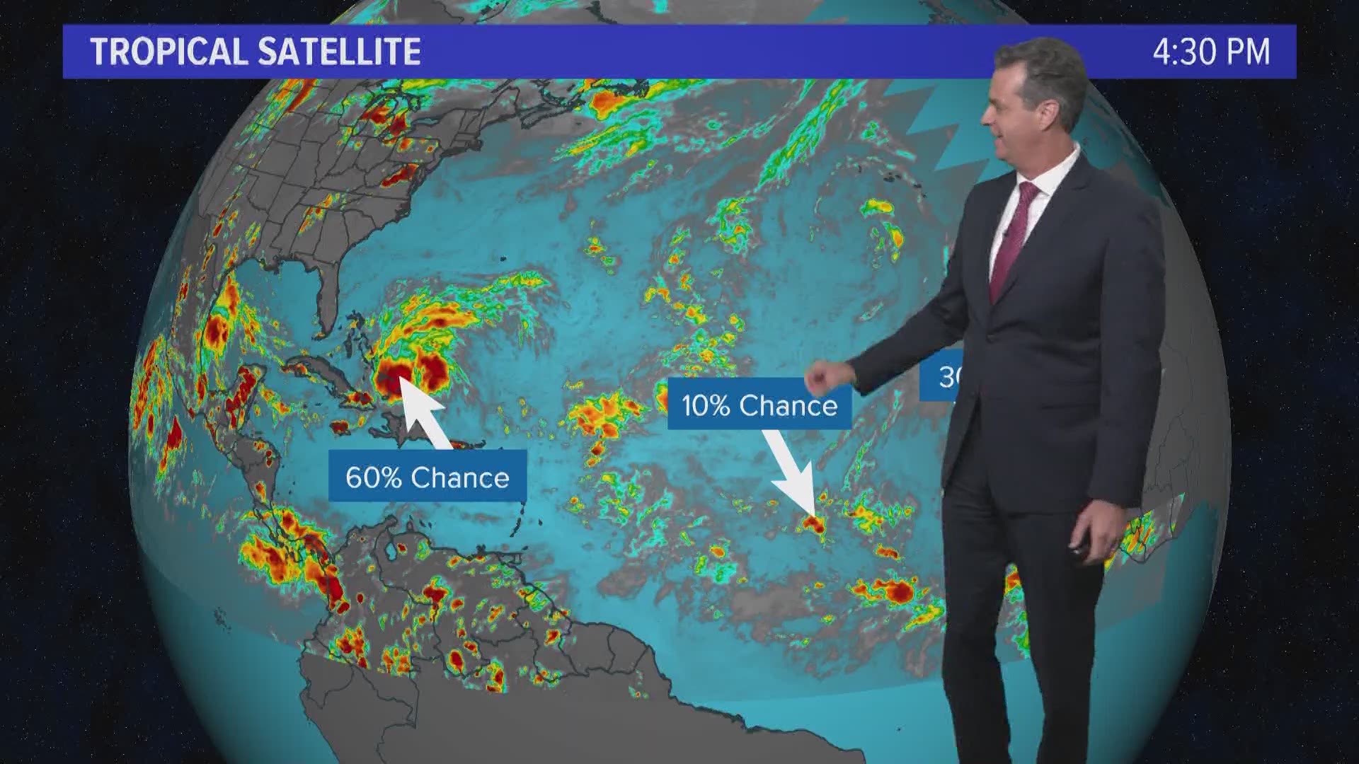 The KHOU 11 Weather team is monitoring a very disorganized cluster of thunderstorms near Turks and Caicos that is expected to move across the Florida straits into the eastern portion of the Gulf of Mexico by Saturday.