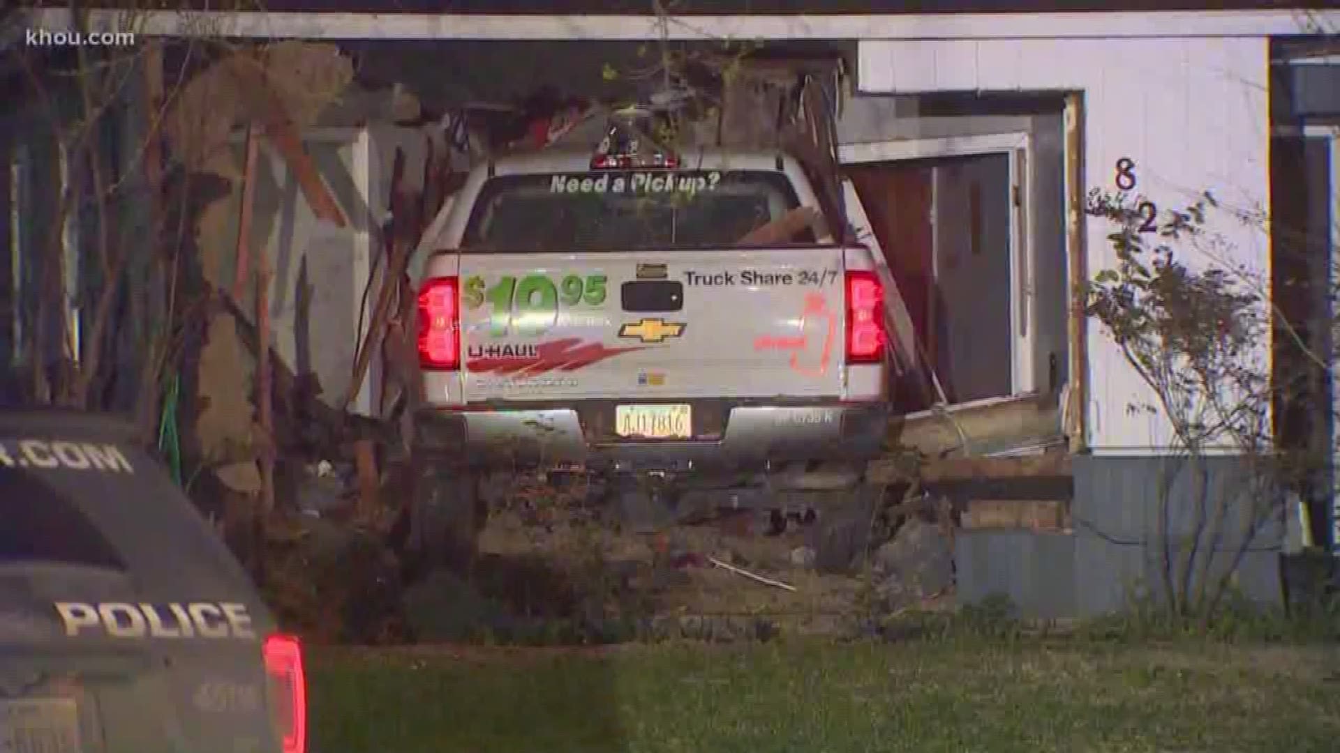 Police are searching for a suspect driver after a U-Haul pickup truck plowed into a home overnight.