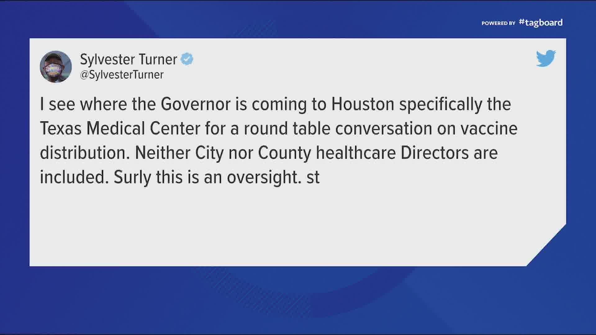 Houston Mayor Sylvester Turner is wondering why local health directors aren't included in Gov. Greg Abbott's roundtable discussion on vaccine distribution.
