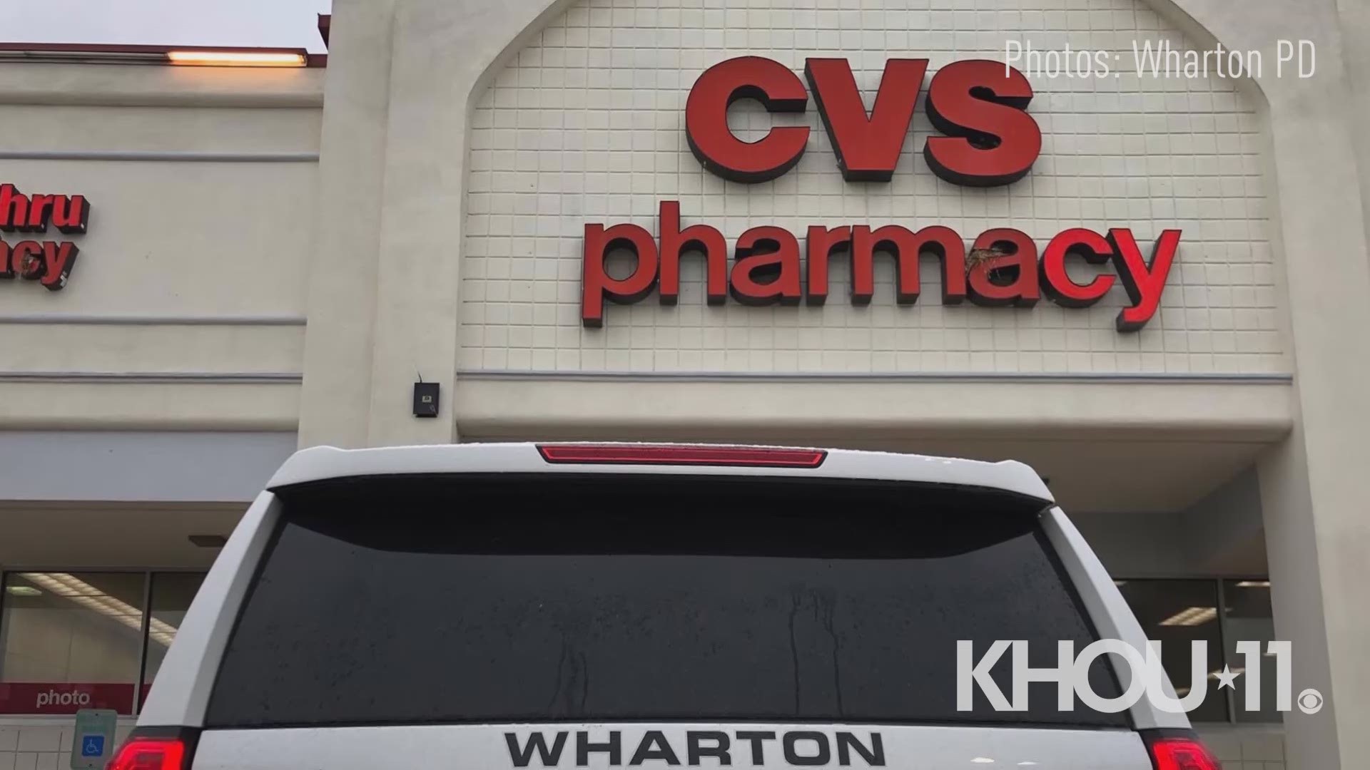 Police in Wharton, southwest of Houston, arrested a total of four suspects who were "barricaded" in the crawl space of a CVS store there. One of the suspects somehow ended up in a column outside the store.