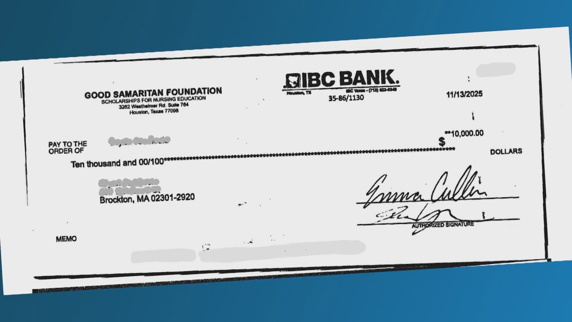 Houston nonprofit says $10,000 check meant for local nursing scholarships was deposited by a suspected fraudster in Massachusetts