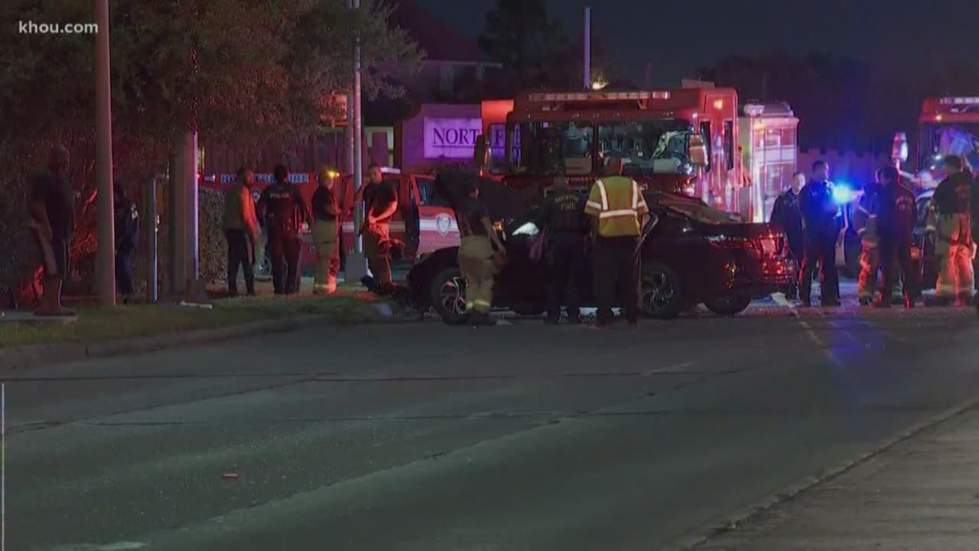 A Houston Fire Department truck crashed into a car Friday night in southwest Houston.