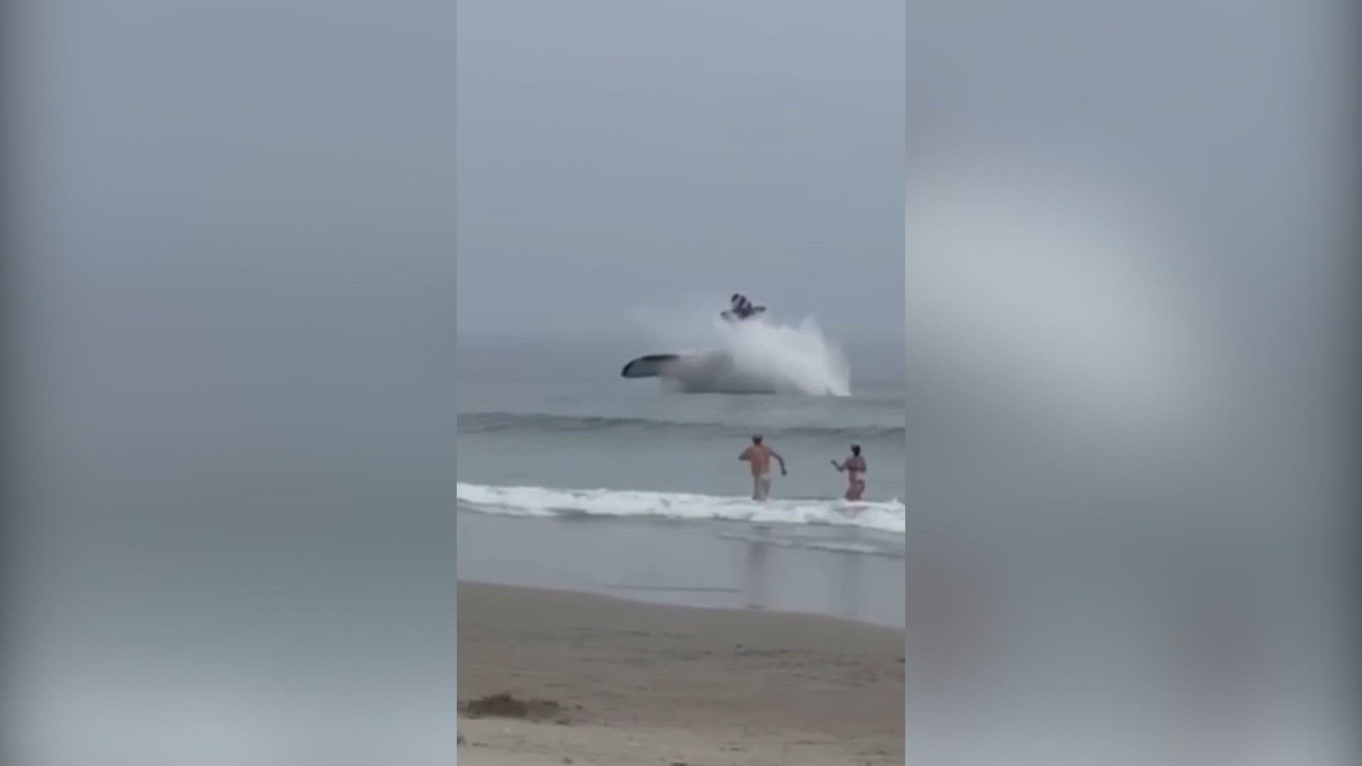 New video shows a plane crash off the coast of New Hampshire. The small plane crashes into the water and flips over. The pilot was not hurt.