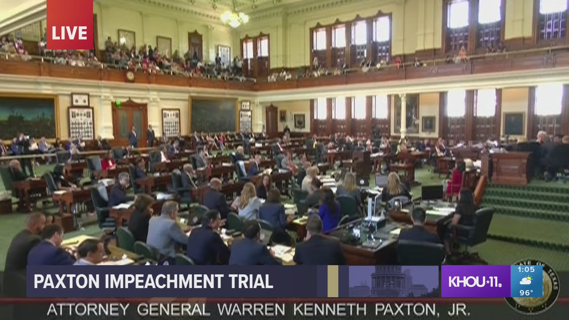 Suspended Texas Attorney General Ken Paxton wasn't on the Texas Senate floor as opening statements began. Attorney Tony Buzbee said he isn't obligated to be there.