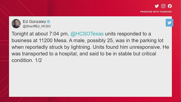Man in critical condition after reportedly being struck by lightning in NE Houston, sheriff says