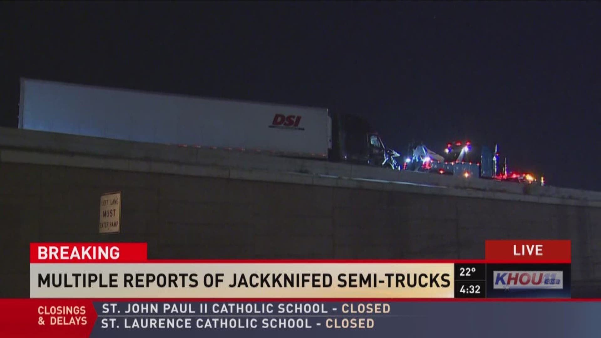 Several 18-wheelers were stuck on overpasses on the North Freeway after they jackknifed when they hit patches of ice on overpasses.