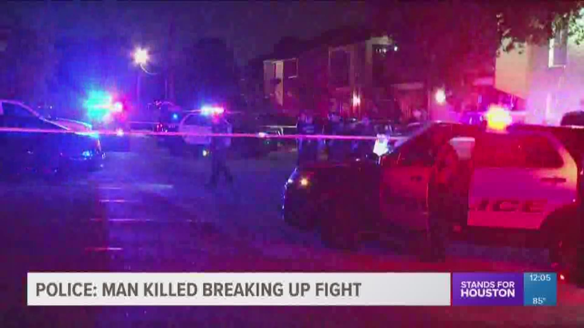 Police say a man died trying to break up a fight outside his southwest Houston apartment overnight.