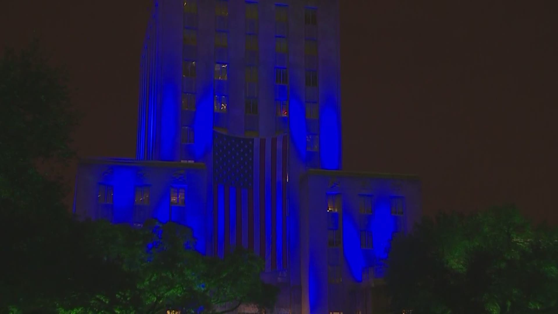 Houston's City Hall is lit up in blue in honor of the former First Lady Barbara Bush.