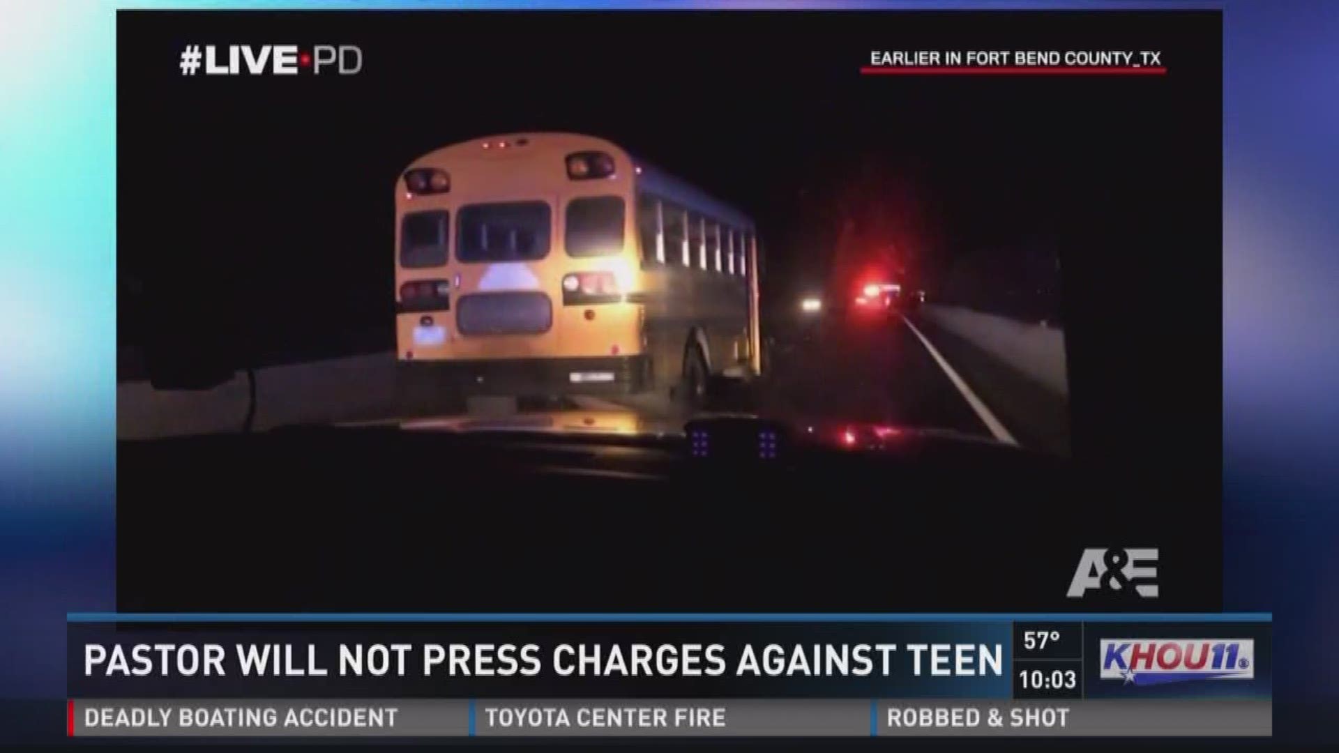 The pastor of the church who's bus was stolen by a teenager and taken on a wild police chase says he forgives the 15 year old and won't be pressing charges. 
