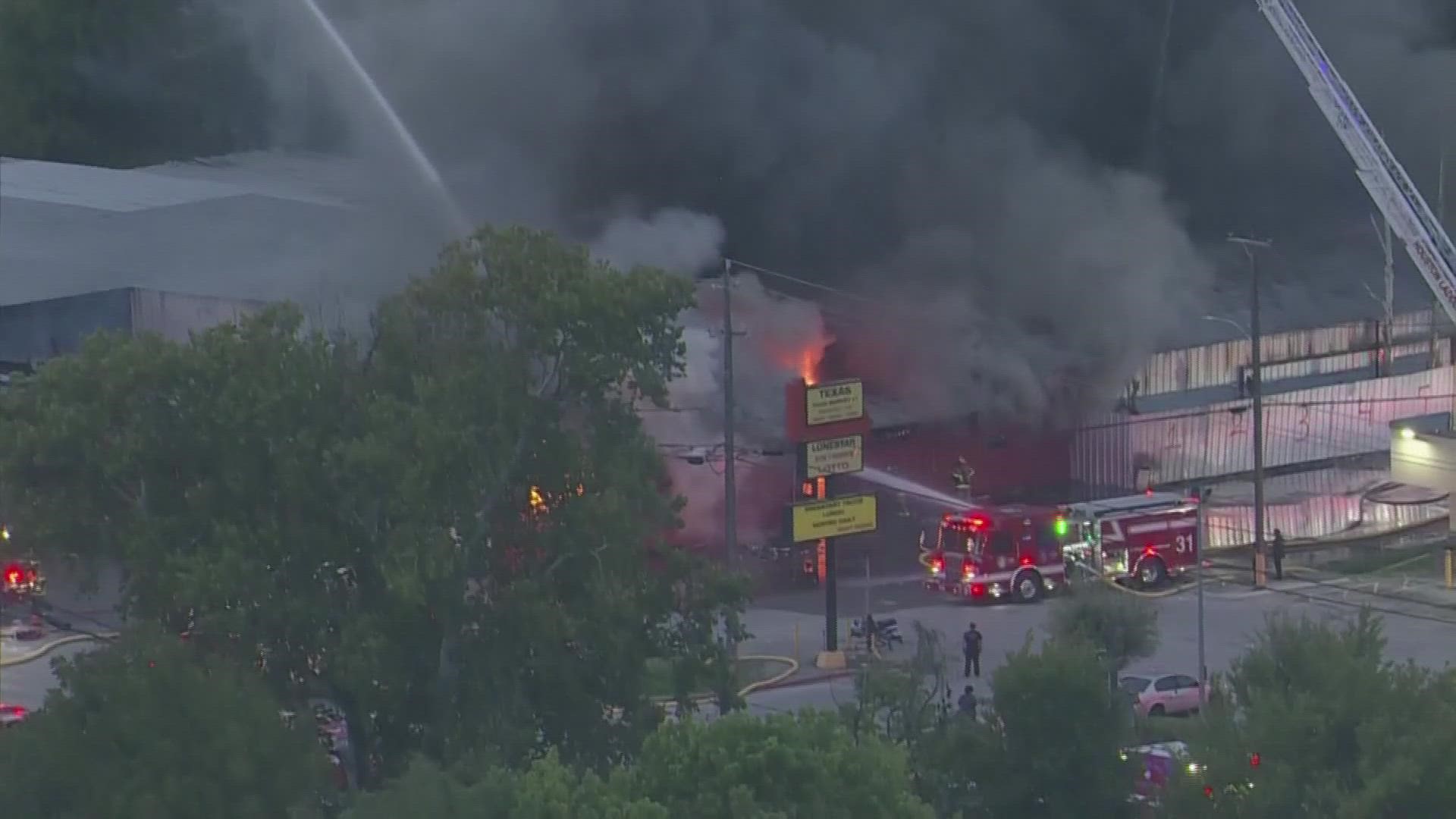 Air 11 captured video of the fire that burned at Martin's Lumber & Roofing Supply on Jensen Drive just north of 610 near the Eastex Freeway.