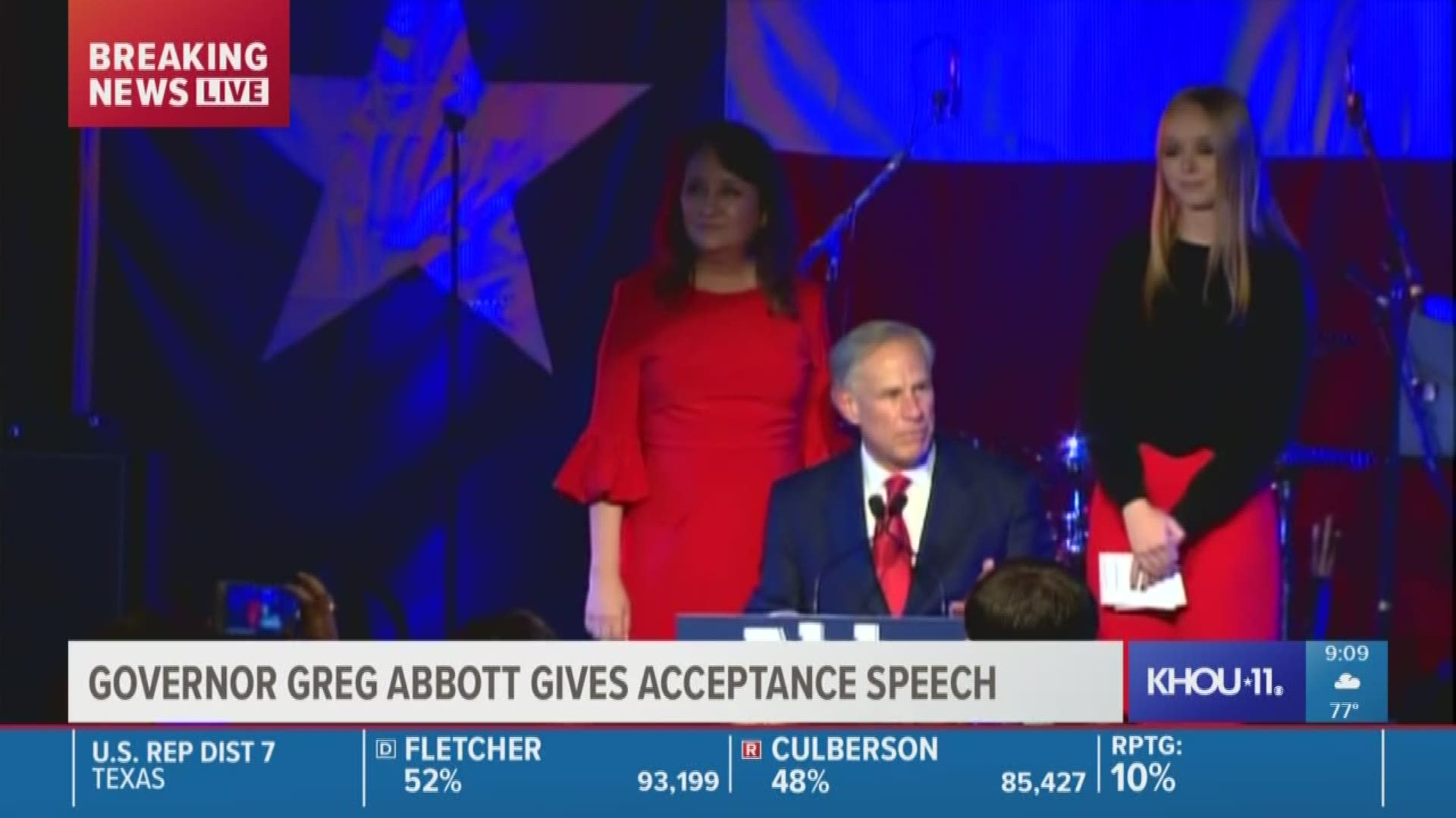 Greg Abbott gives an acceptance speech after he learned he was re-elected Governor of Texas.