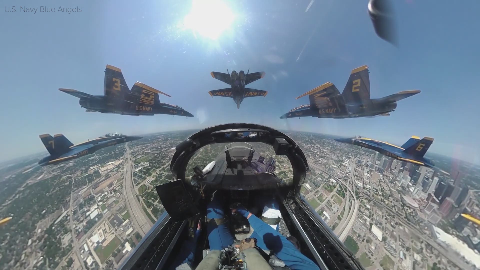 Operation America Strong: A cockpit view as the Blue Angels flew over Houston to honor frontline COVID-19 first responders and essential workers.