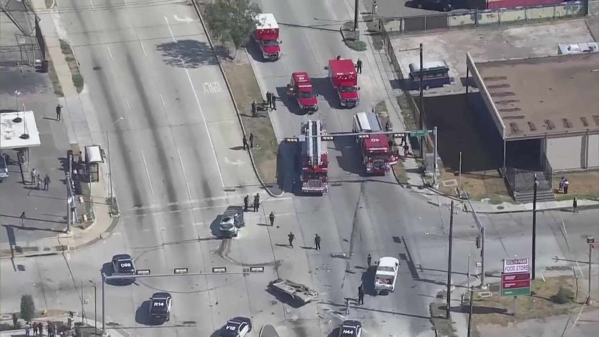 Houston police said a carjacker plowed a Dodge Charger into innocent people waiting at a red light.