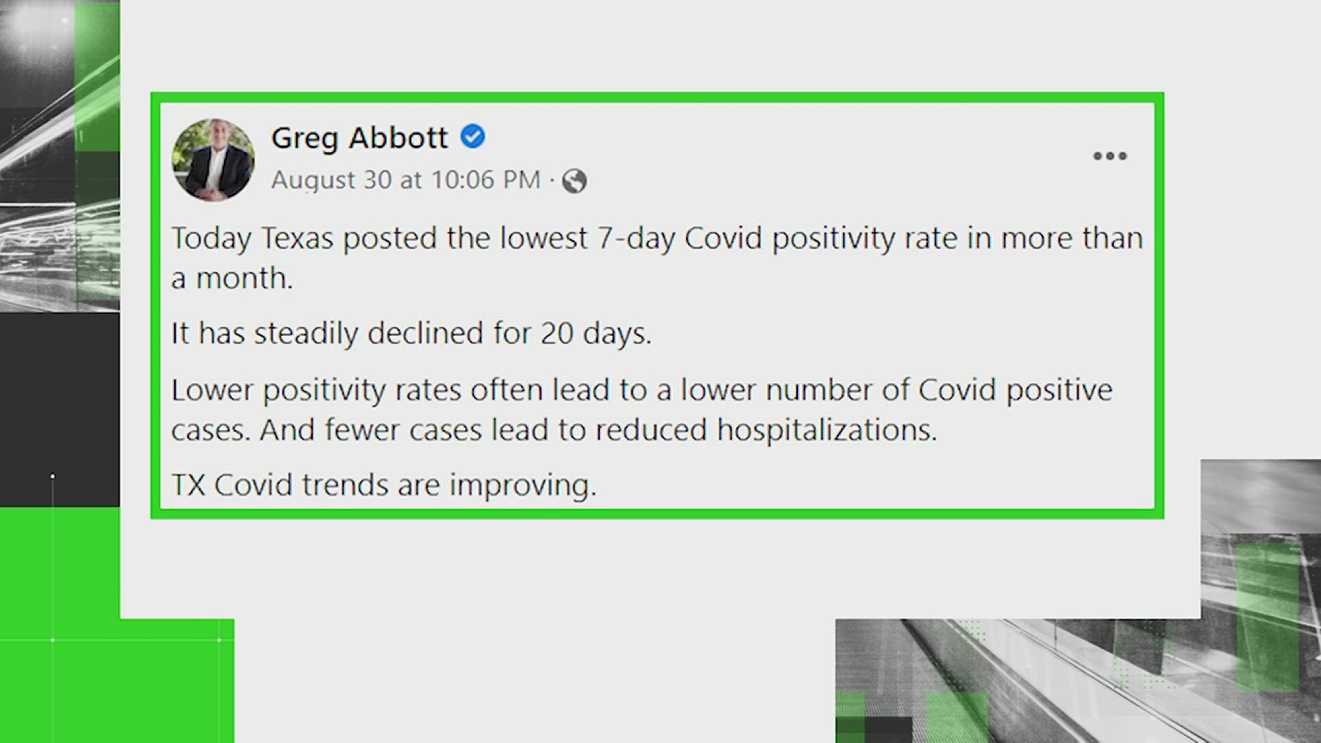 Gov. Greg Abbott made the claim on social media on August 30