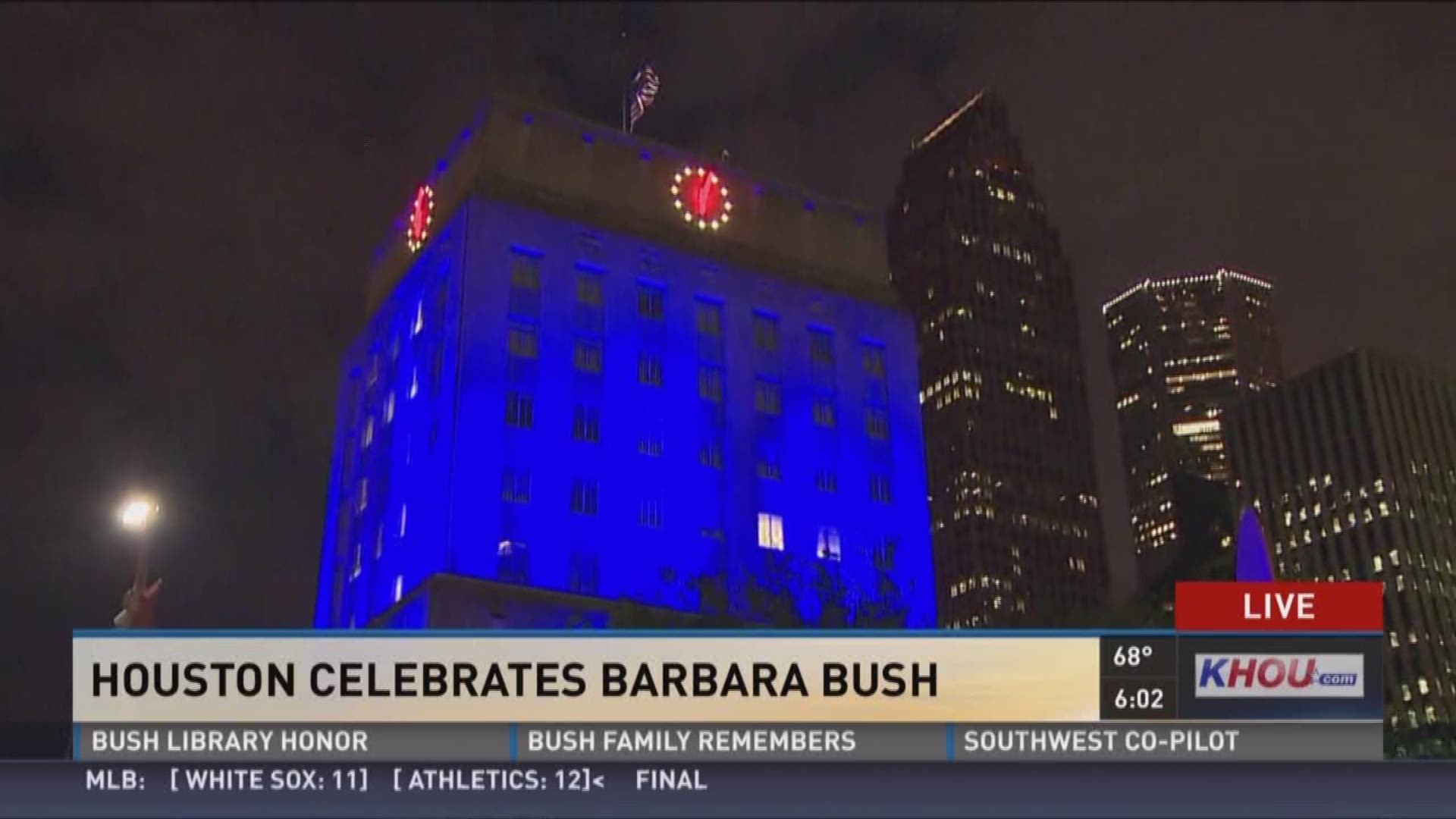 Houston's City Hall was illuminated in blue overnight in honor of former First Lady Barbara Bush.