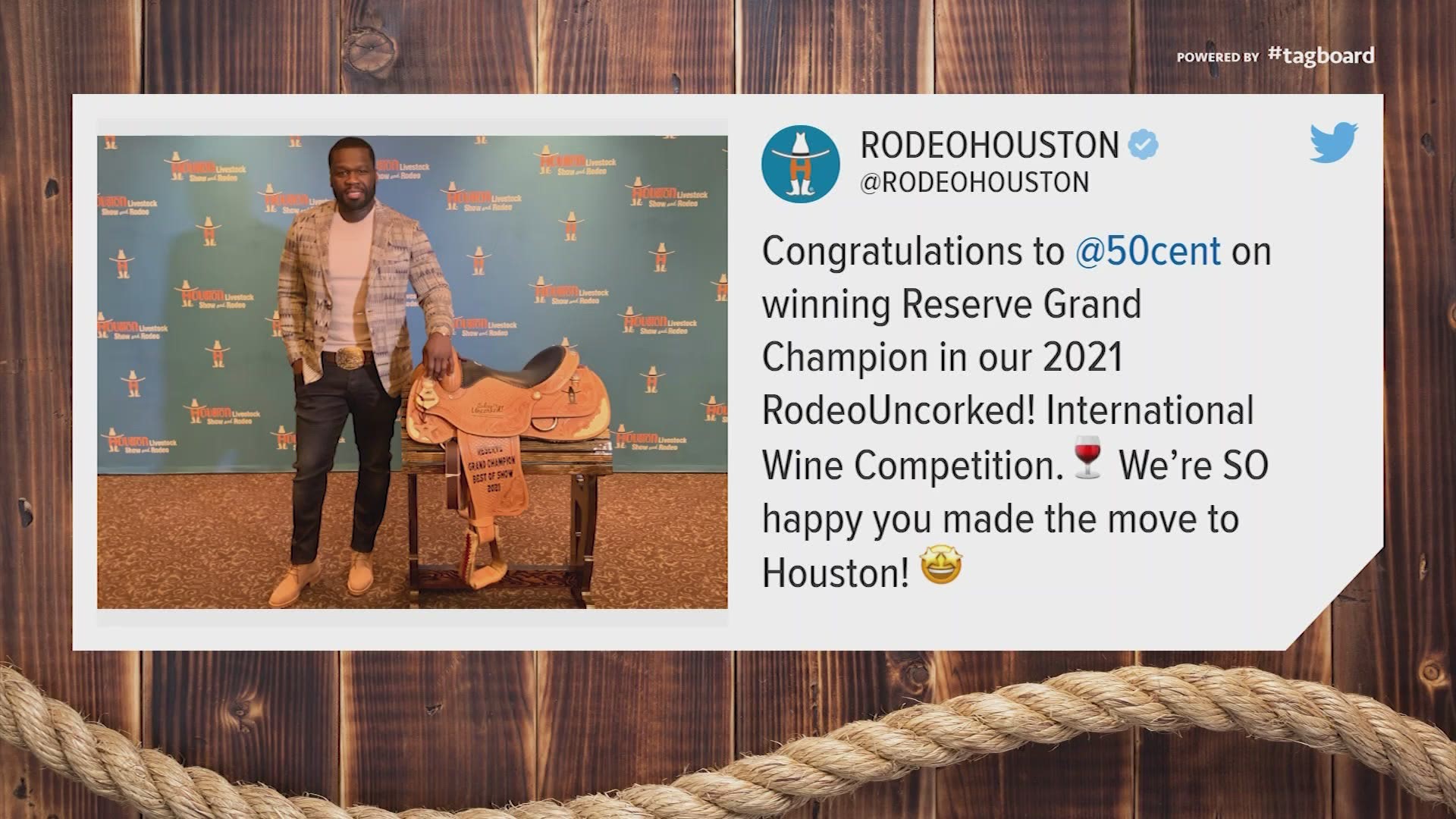 50 Cent's champagne won Reserve Grand Champion Best of Show at RodeoHouston's Rodeo Uncorked! The rapper recently announced his move to Houston.