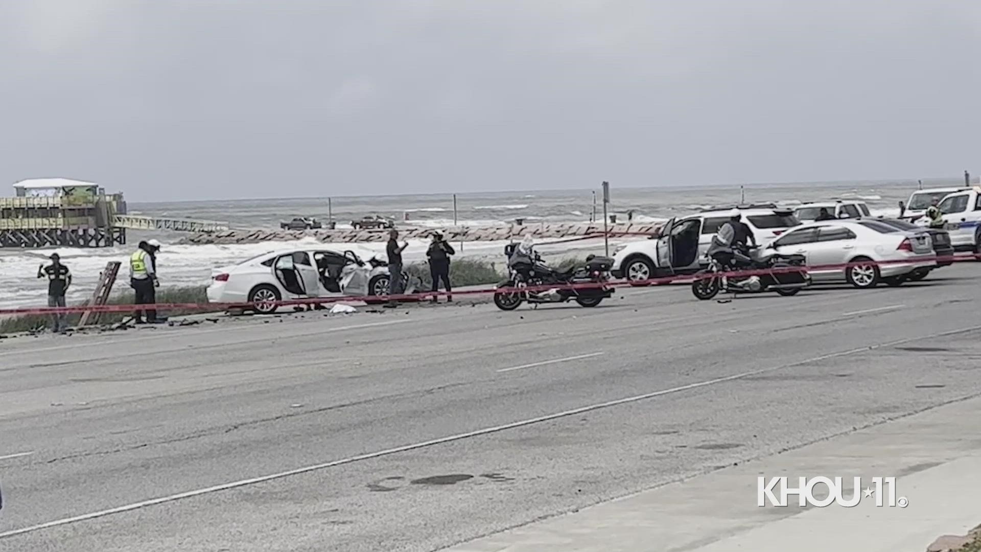 Three people were taken to hospitals after the crash and were expected to recover. Seawall Boulevard was closed for a time while crews cleaned up the wreckage.